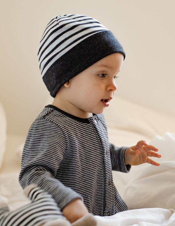 Bonnet réversible gris chiné et rayé coton bio bébé