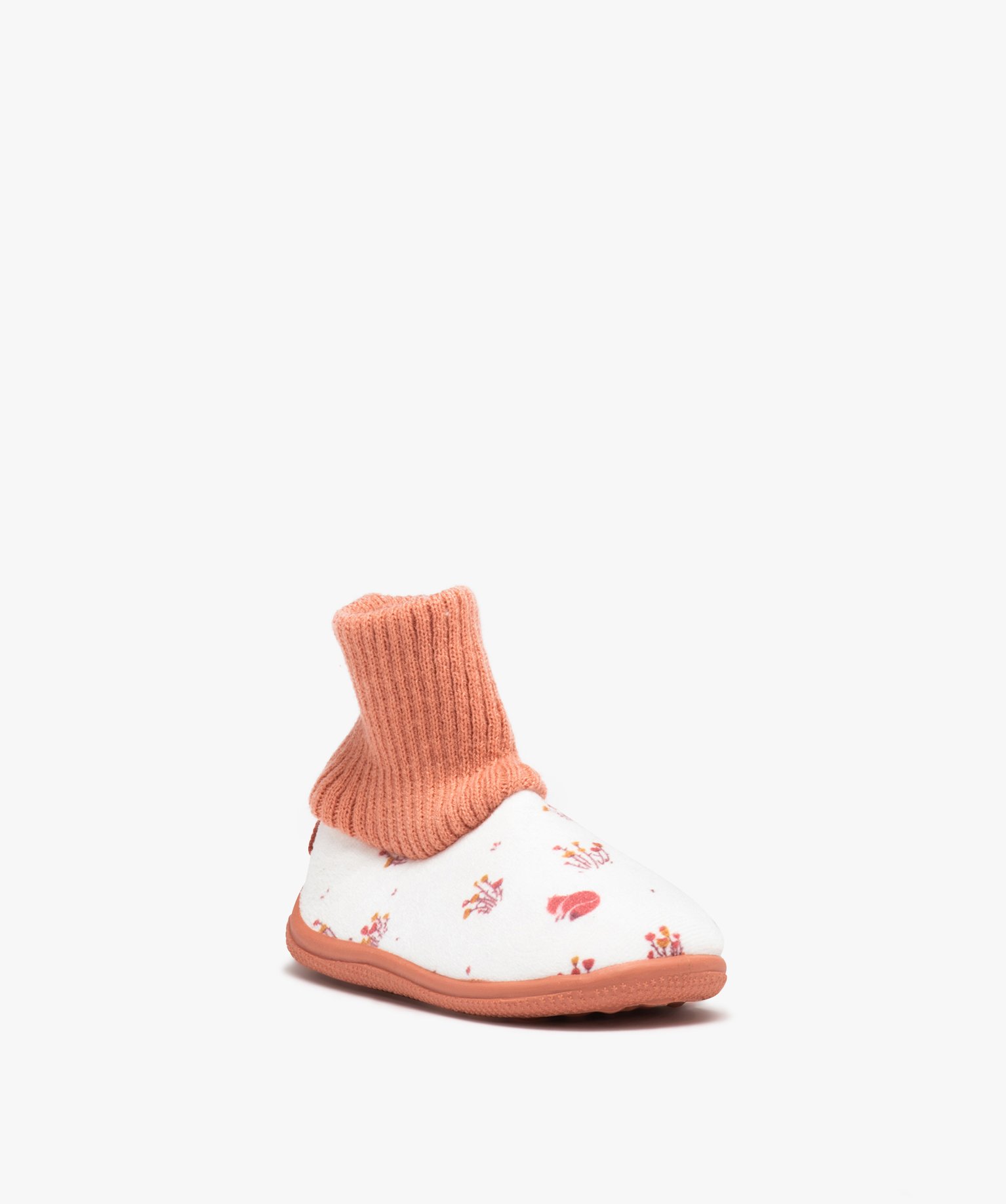 Chaussons fille imprimés en velours et à col chaussette beige | GEMO