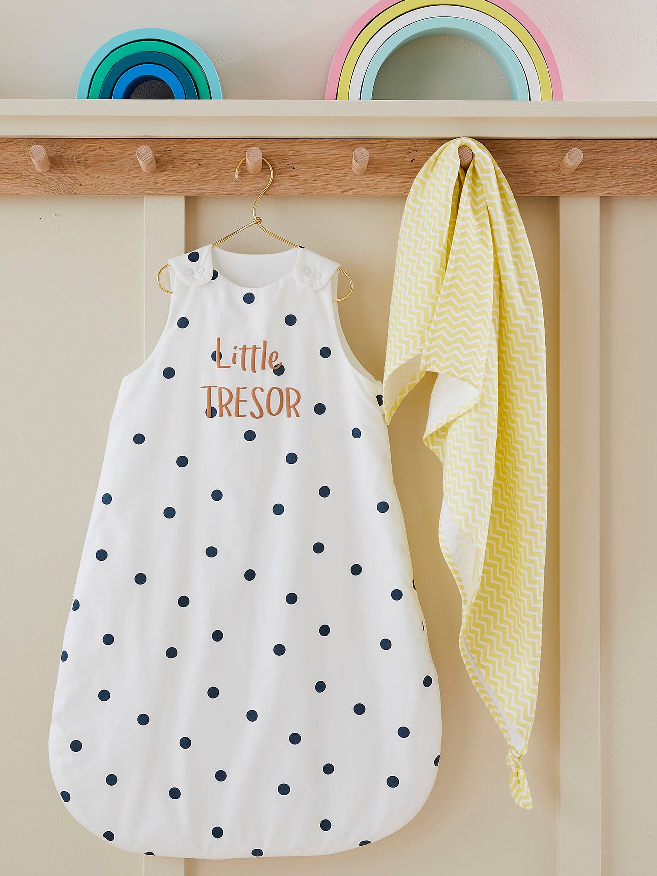 Vertbaudet Ärmelloser Baby Sommerschlafsack LITTLE TRESOR - wollweiß/marine getupft