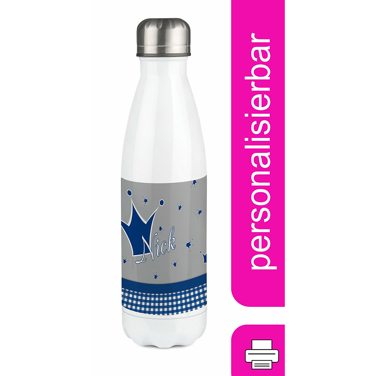 Edelstahl Kinder Thermoflasche / Trinkflasche bunt Krone Farbe blau grau Spülmaschinenfest, Auslaufsicher, Bruchfest, Doppelwandig, Für Heißgetränke geeignet, Mit Deckel, Isoliert
