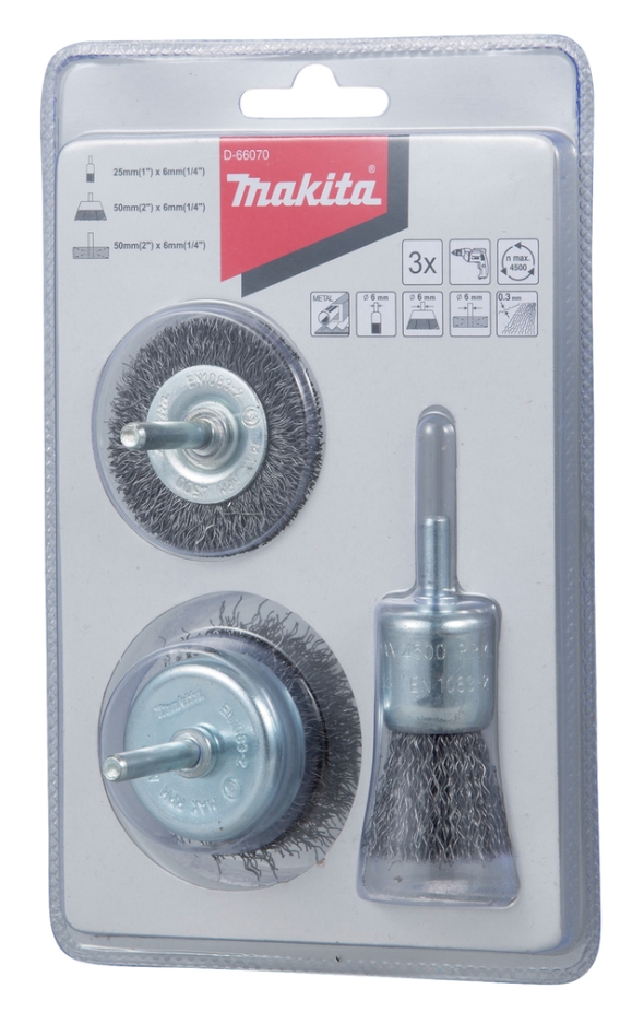 Sada kartáčů Makita D-66070, krimpovaný ocelový drát 0,3 mm, 3dílná