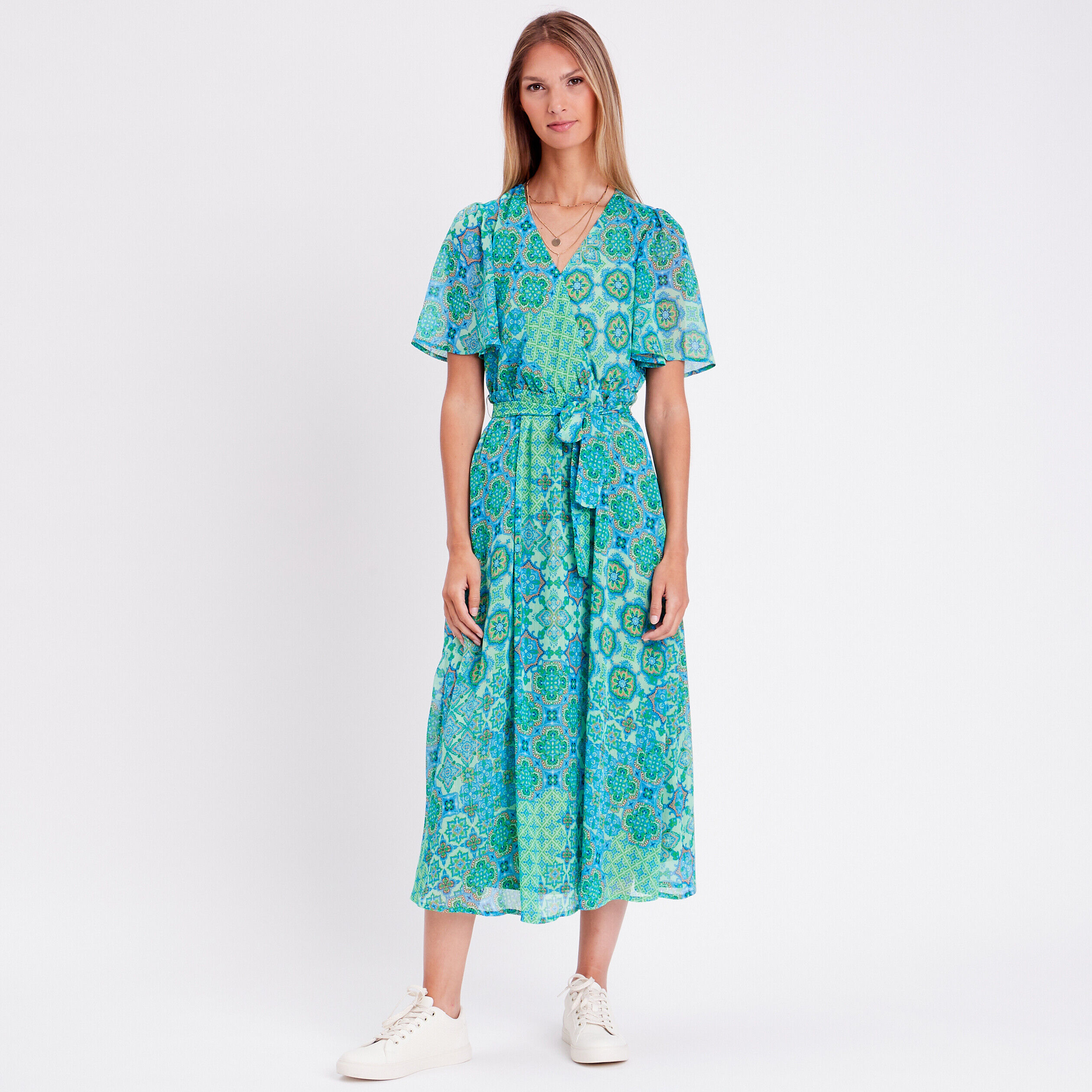 Robe longue évasée ceinturée vert femme | Cache Cache
