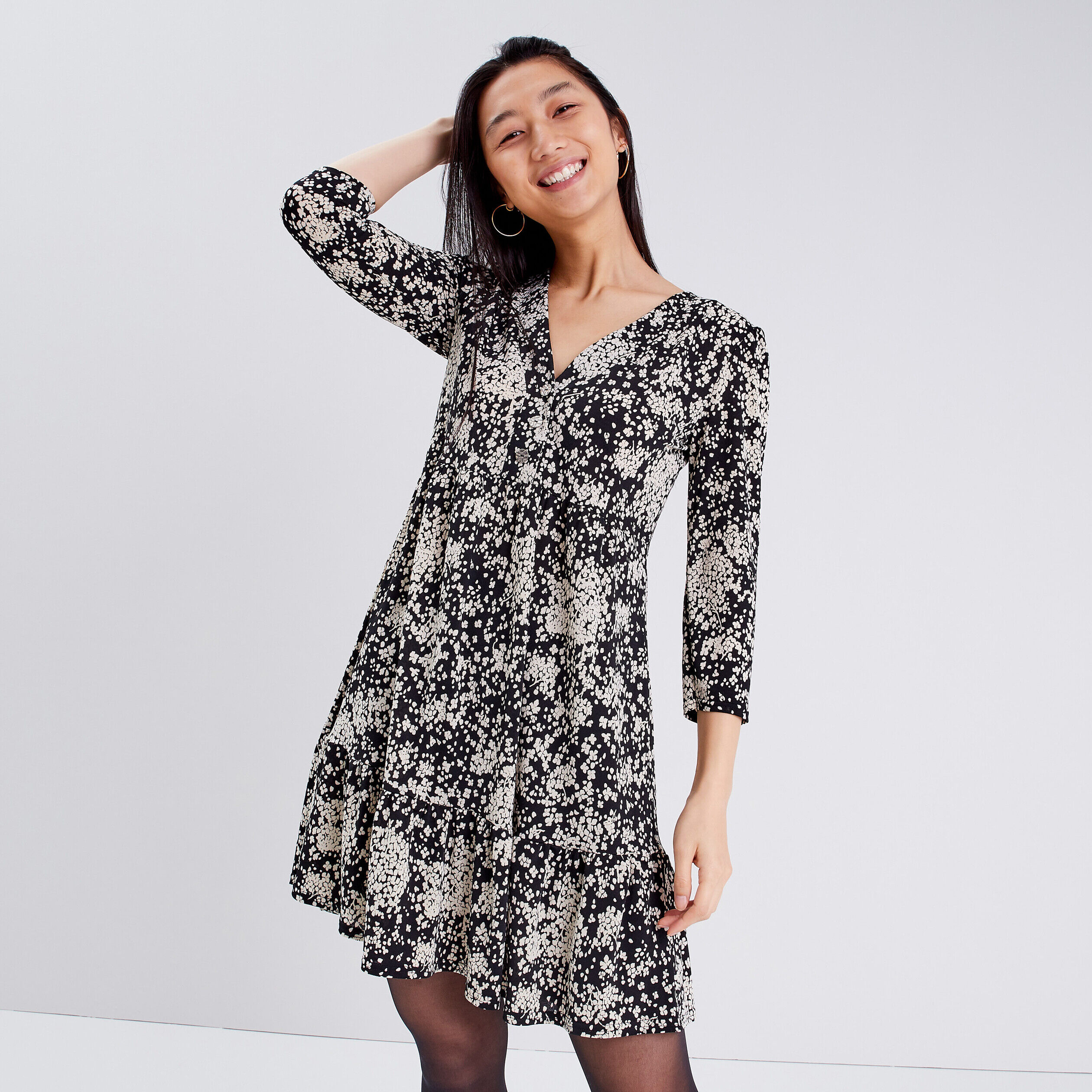 Robe évasée manches 3/4 noir femme | Cache Cache