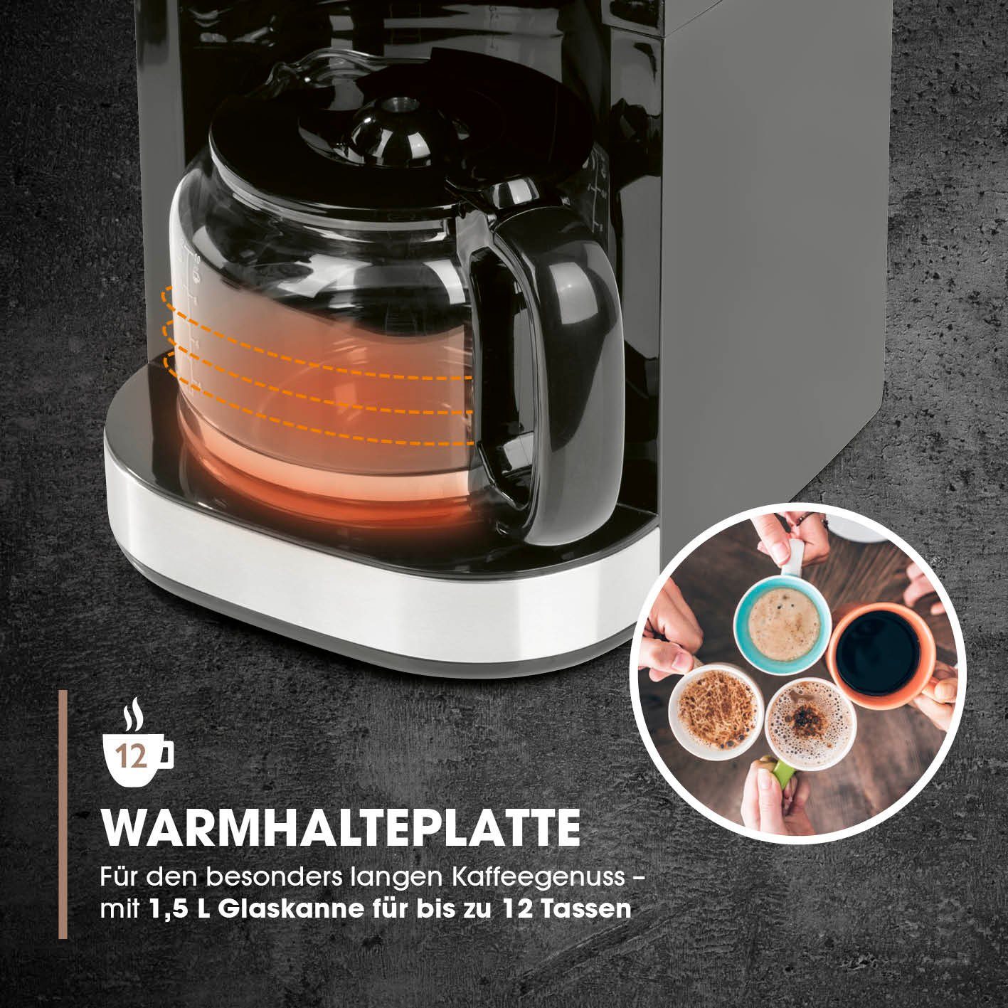 Barista Kaffeemaschine mit Mahlwerk inkl. Glaskanne 12 Tassen für Bohnen & Pulver, 1.5l Kaffeekanne, 900W Edelstahl/Schwarz