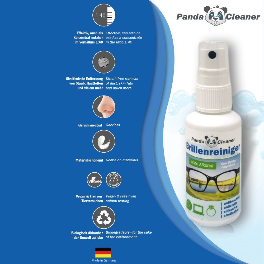 PandaCleaner Brillenreiniger - Bio-Konzentrat - Anti-Beschlag-Formel Glasreiniger (Set, [3-St. 50ml + 250ml + Mikrofasertuch)