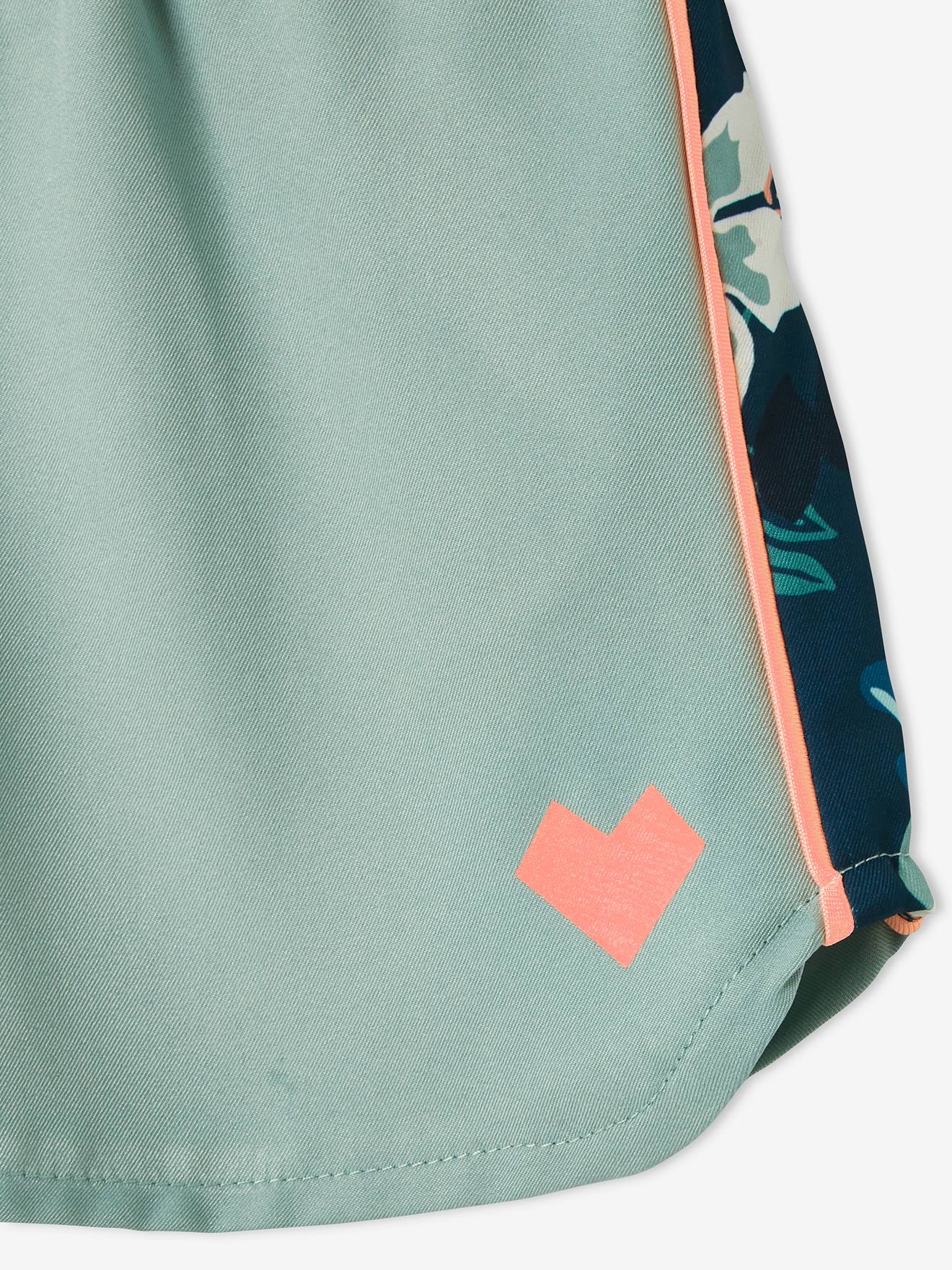 Short de sport technique bandes motifs fleurs fille light sauge