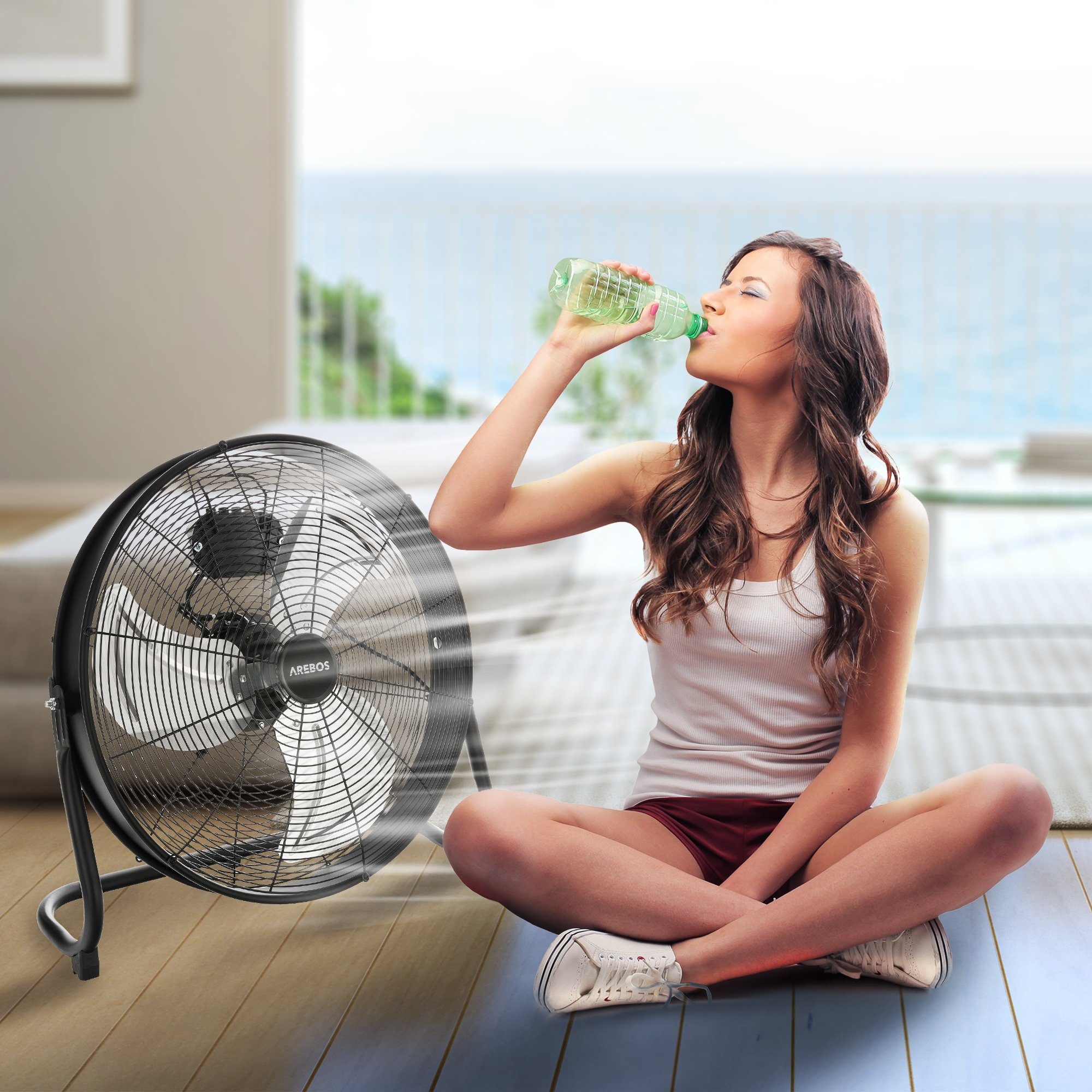 Arebos Bodenventilator Ø 50 cm, Windmaschine, Ventilator, 3 Geschwindigkeitsstufen
