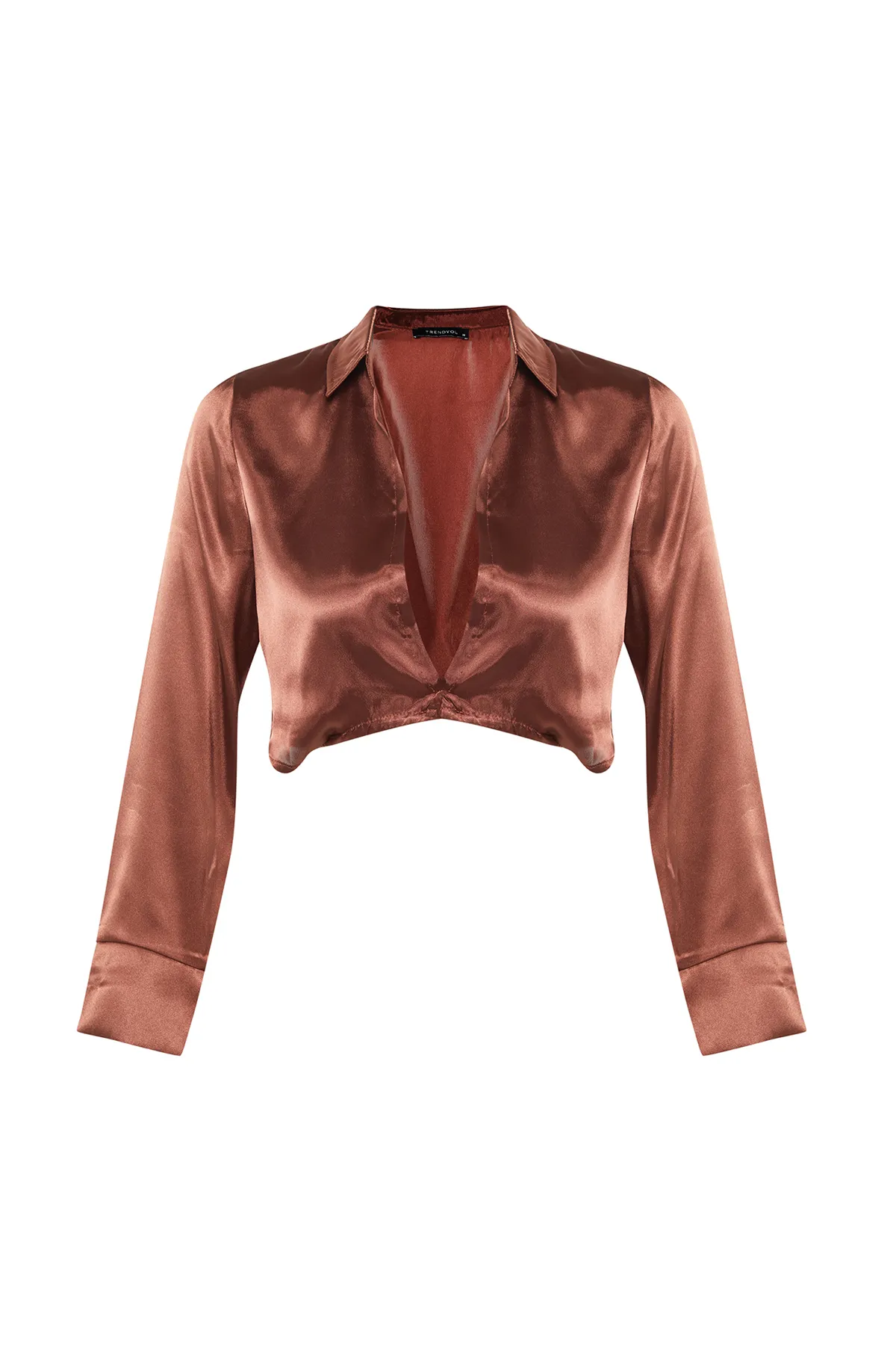Trendyol Collection  Braune Bluse aus Satingewebe mit bauchfreiem Bindeband und detailliertem Ausschnitt TWOAW23BZ00466