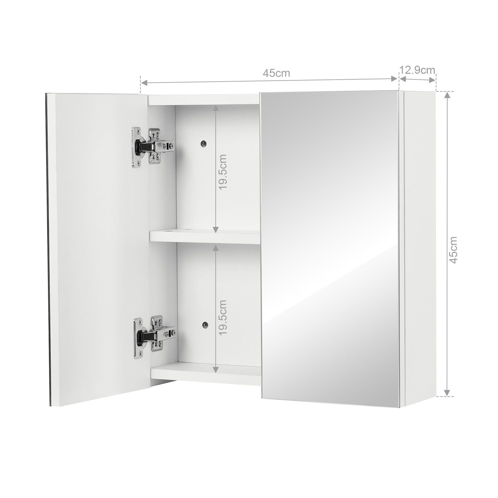 Mondeer Badezimmerspiegelschrank Badezimmerspiegel Hängeschrank, Wandschrank, mit 2 Türen 45 x 12.9 x 45 cm, Weiß
