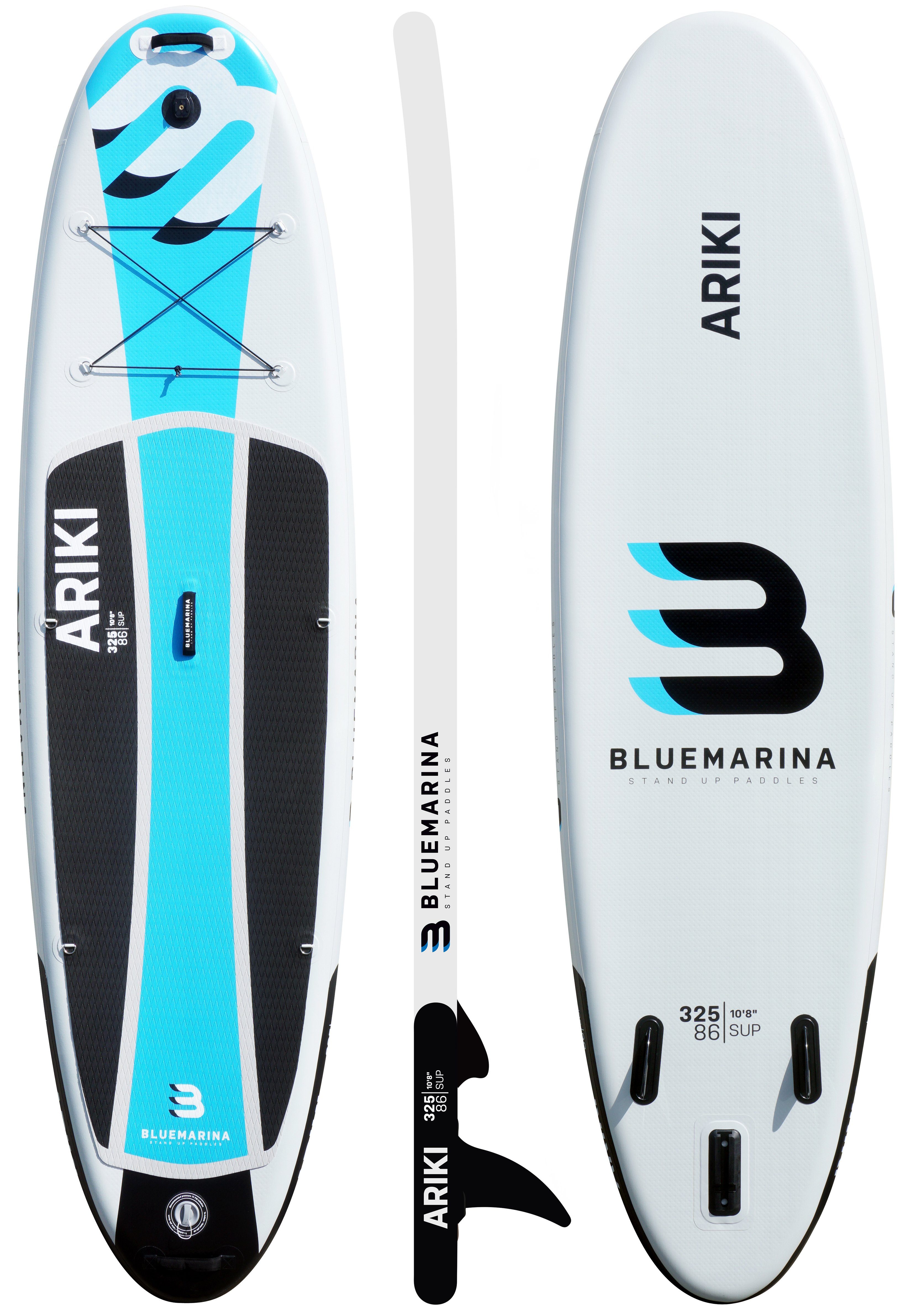 Bluemarina SUP-Board Aufblasbares Bluemarina SUP Board Ariki inkl. 5 J. Garantie, Stand Up Paddle Board, (10 - 15 cm dick, PVC, max 140 kg), Paddling board, Paddelboard, Surfboard, (Kinder/Erwachsene bis 90 kg - 3-Finnen - Action-Cam-Halterung, UV Re
