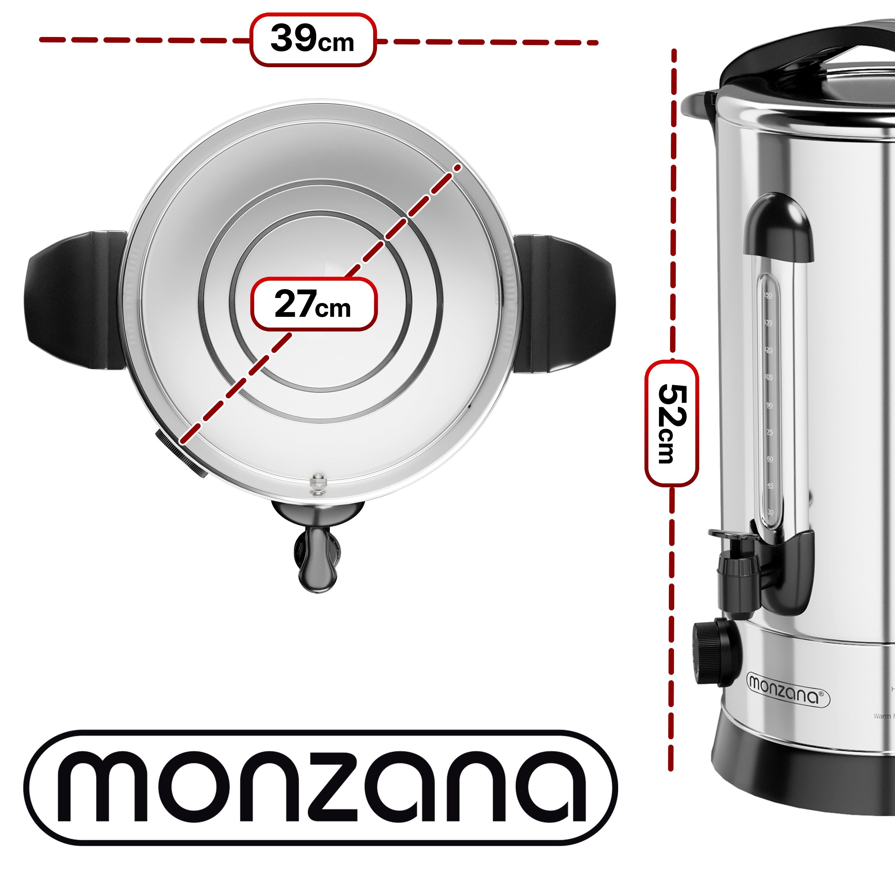 monzana Einkoch- und Glühweinautomat, 1650 W, 20L Edelstahl 90 Tassen Zapfhahn Temperatureinstellung 30-110°C