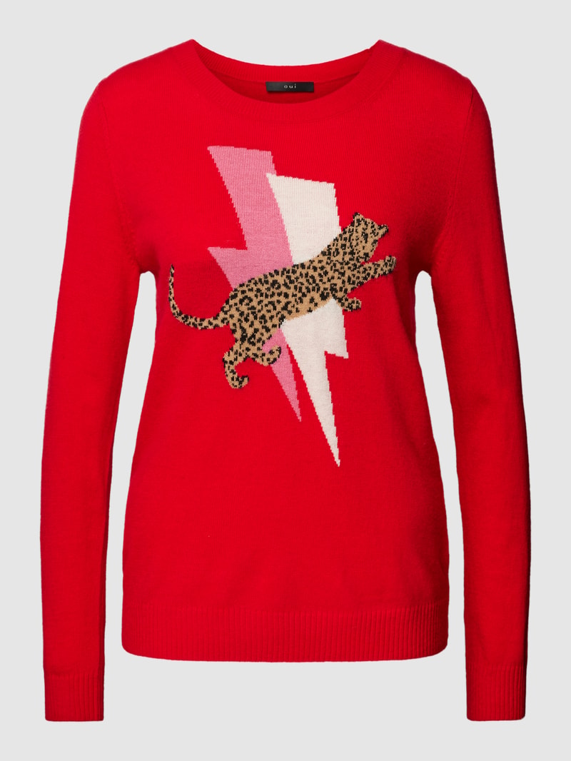 Strickpullover mit Motiv-Stitching in rot