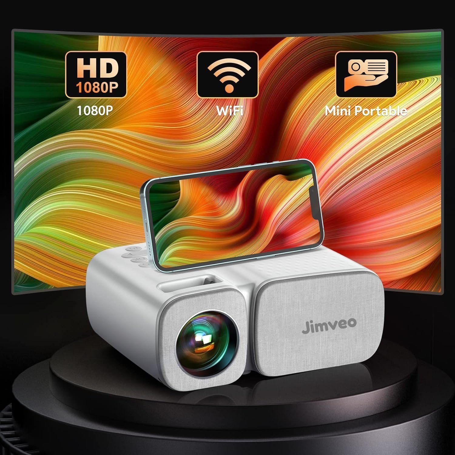 Jimveo Portabler Projektor (9000 lm, 3840 x 2160 px, 1080p Full HD Beamer 250''Display Mini Projektor LCD Heimkino Outdoor)