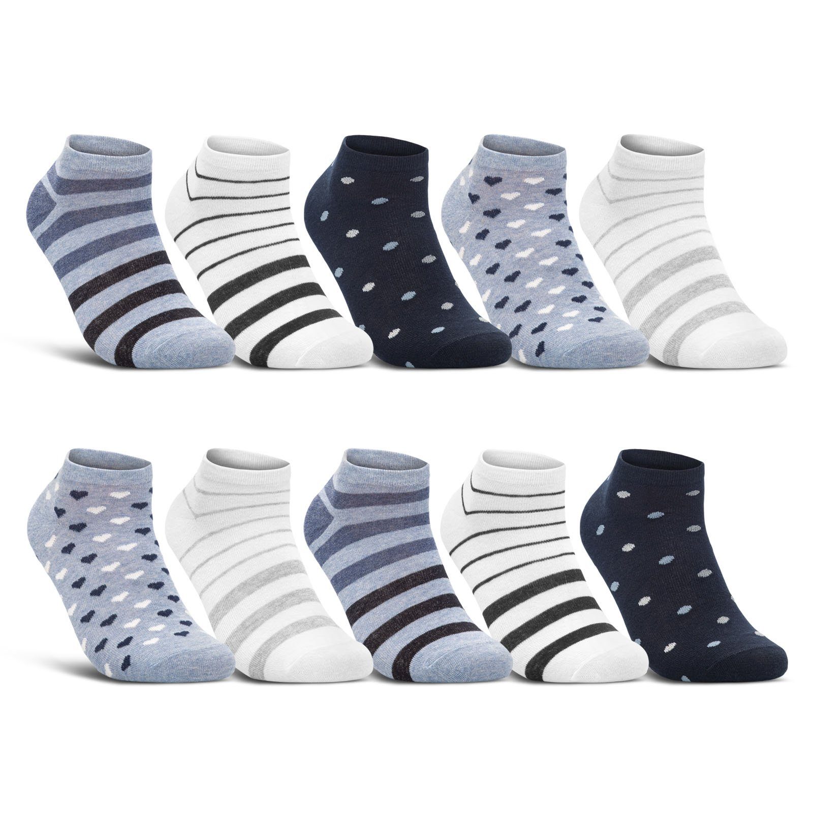 sockenkauf24 Sneakersocken 10 Paar Damen Sneaker Socken Mehrfarbig (39-42, 36832) Streifen Punkte Herzen Maritim Baumwolle WP