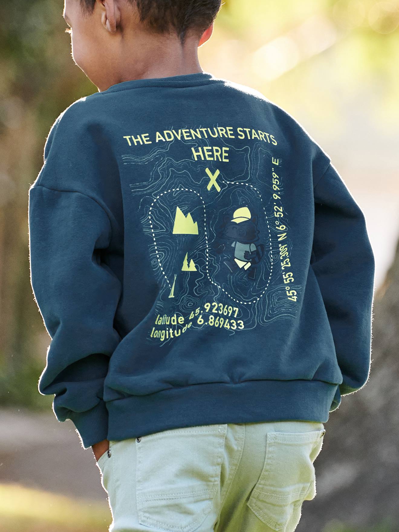 Sweat grand motif geocaching dos garçon bleu pétrole