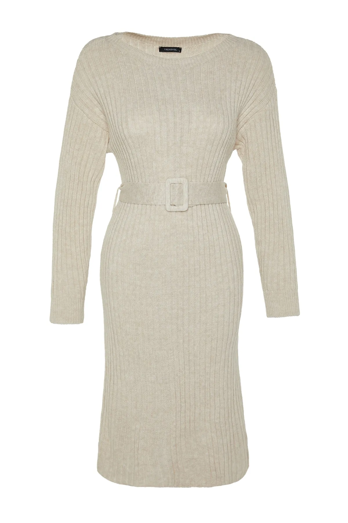 Trendyol Collection  Beiges Mini-Strickkleid mit Gürtel TWOAW23EL00444