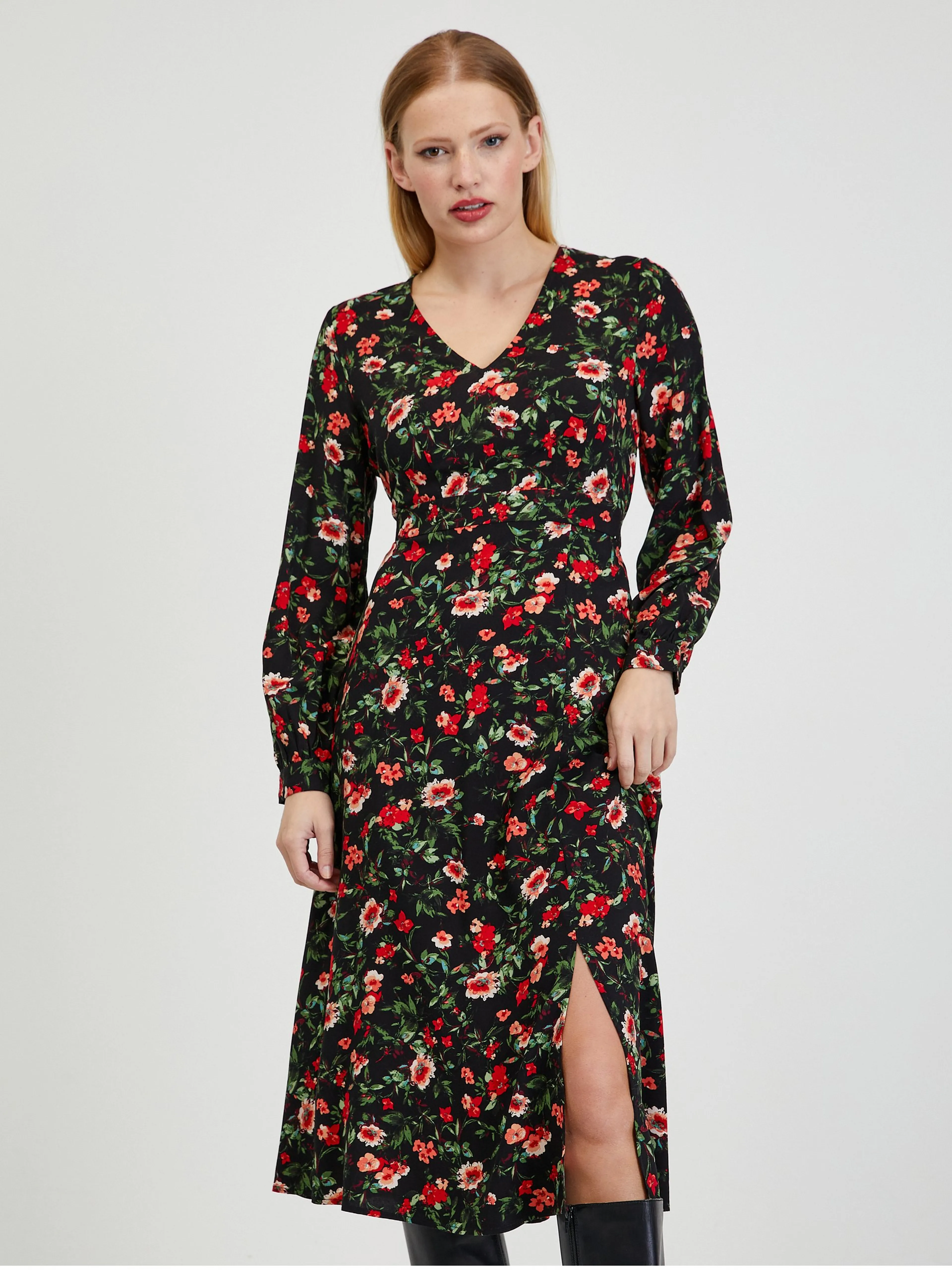 Rotes und schwarzes geblümtes Damenkleid ORSAY