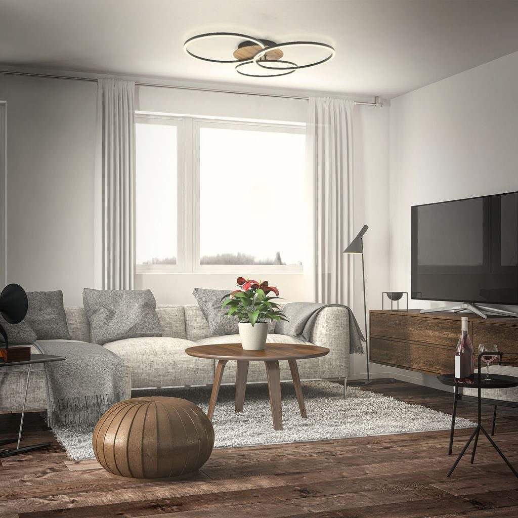 B.K.Licht Deckenleuchte LED-FRAME Deckenlampe dimmbar ultra-flach Holz & schwarz matt BKL1528, Dimmfunktion, LED fest integriert, CCT Farbwechsler - Kaltweiß / Neutralweiß / Warmweiß, 3000-6500K Wohnzimmer-Leuchte 40W 4400lm Fernbedienung Timer Memor