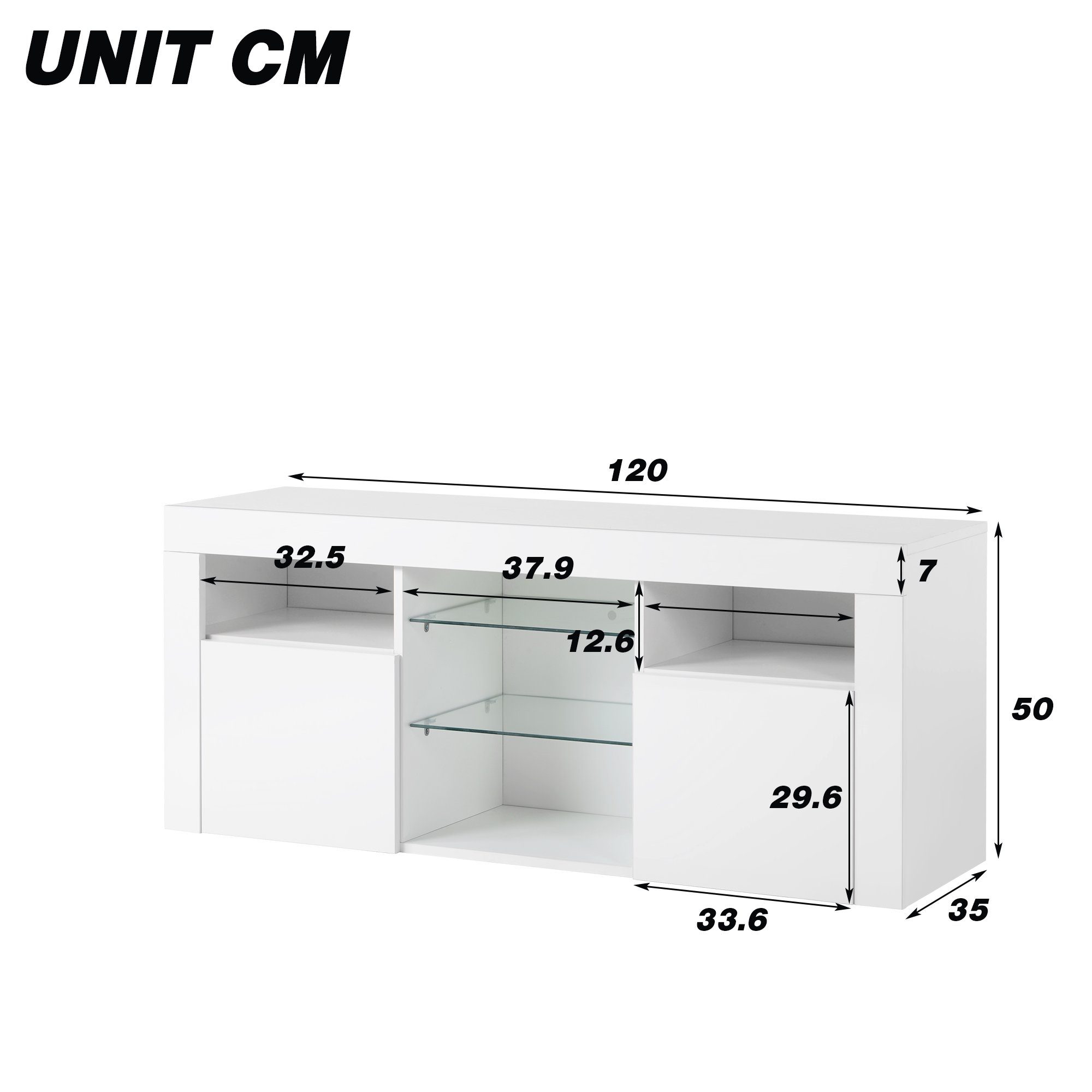 HAUSS SPLOE TV-Schrank LED-TV-Schrank TV-Tisch Beistellschrank Sideboard (Hochglanz-TV-Schrank Einstellbares LED-System, weiß 120*35*50cm Multifunktionale Aufbewahrung) TV-Möbel für bis zu 55 Zoll Fernseher, 16-farbige LED-Beleuchtung