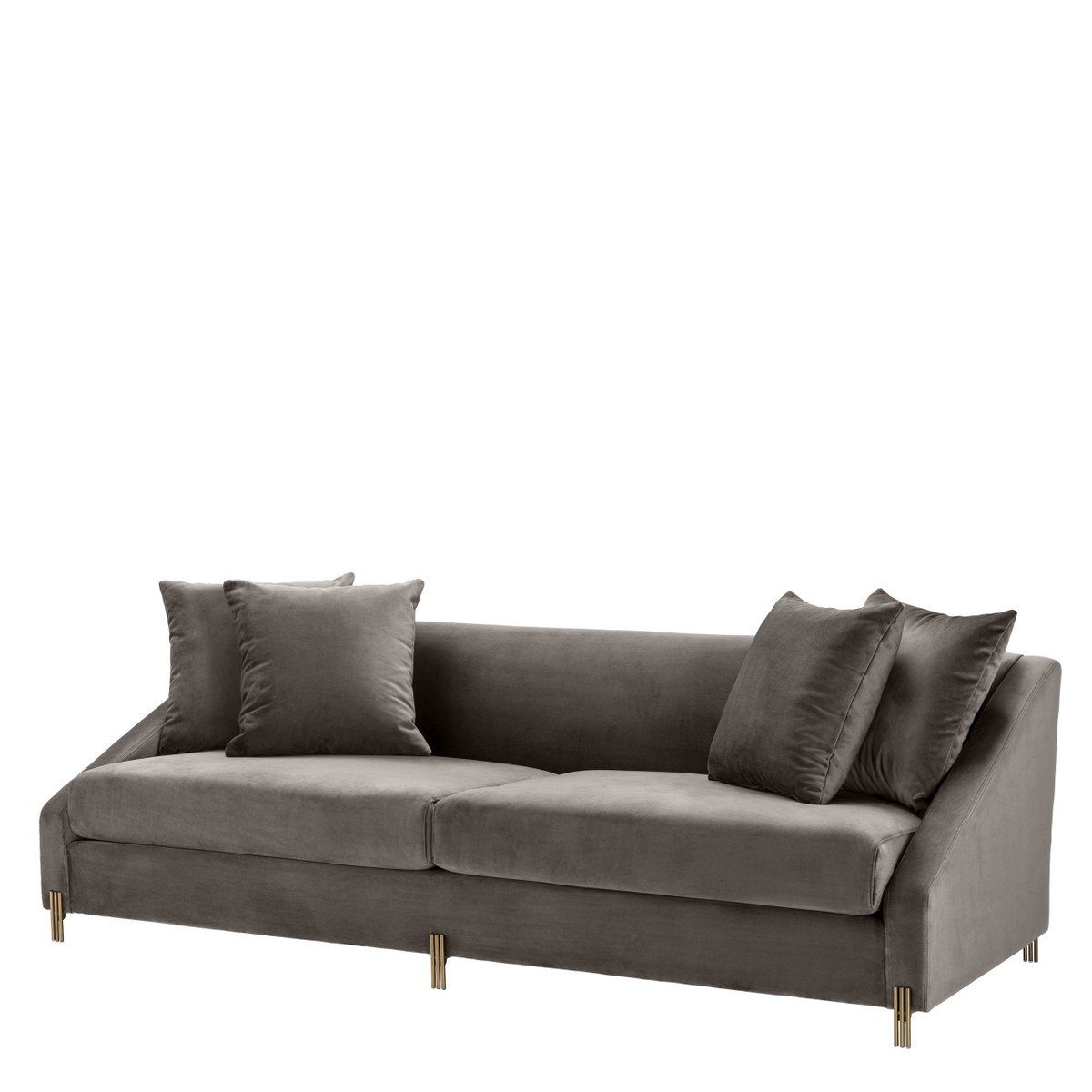 Casa Padrino Loungesofa Luxus Samtsofa Grau / Messingfarben 223 x 94 x H. 73 cm - Wohnzimmer Sofa mit 4 Kissen - Luxus Möbel