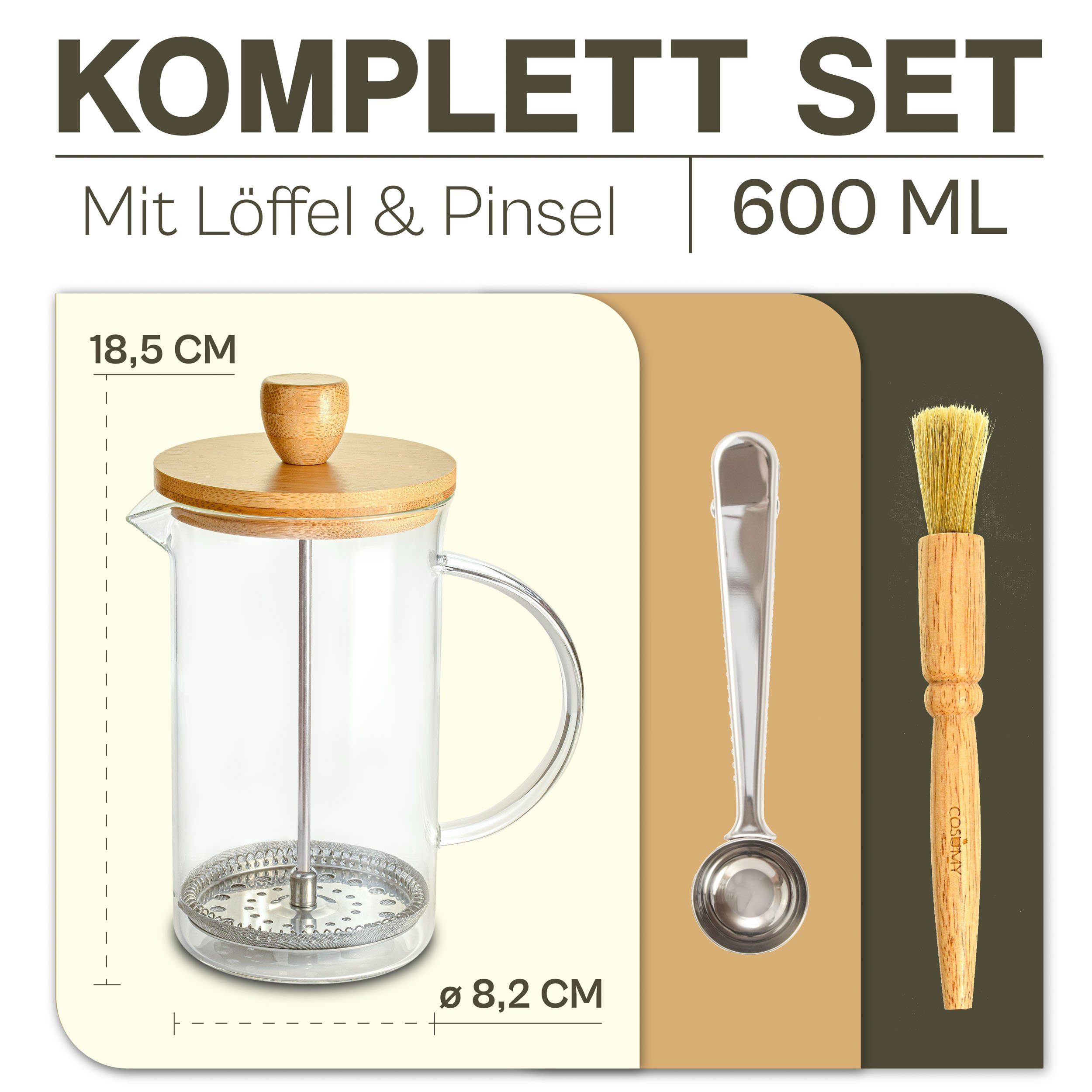 Cosumy French Press Kanne French Press aus Glas 0,6 Liter, 0,6l Kaffeekanne, Kaffeebereiter für 2 Tassen Kaffee - Mit Dosierlöffel und Reinigungspinsel