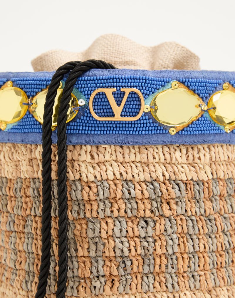 Valentino Garavani lille broderet raffia-buckettaske