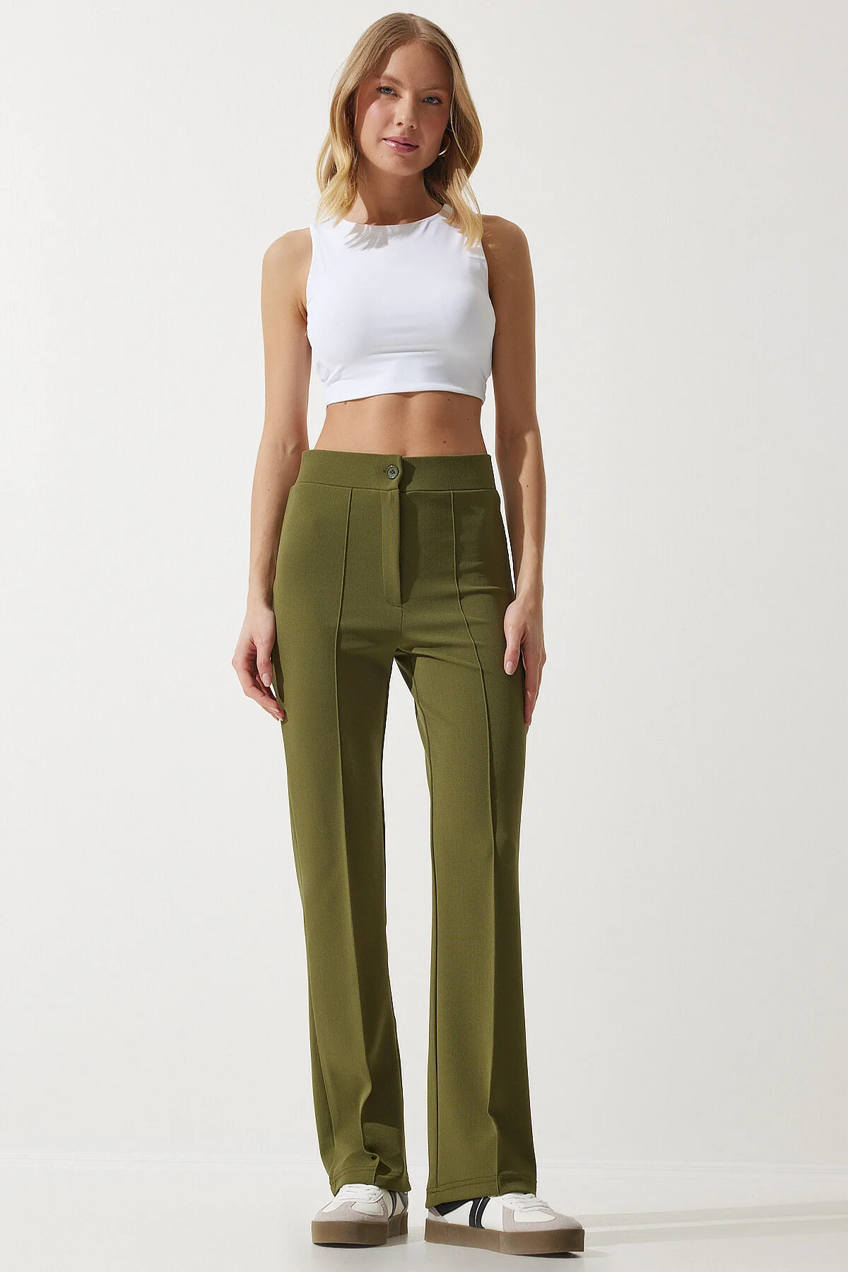 Happiness İstanbul  Bequeme Strickhose aus Lycra in Khaki mit hoher Taille für Damen RV00090
