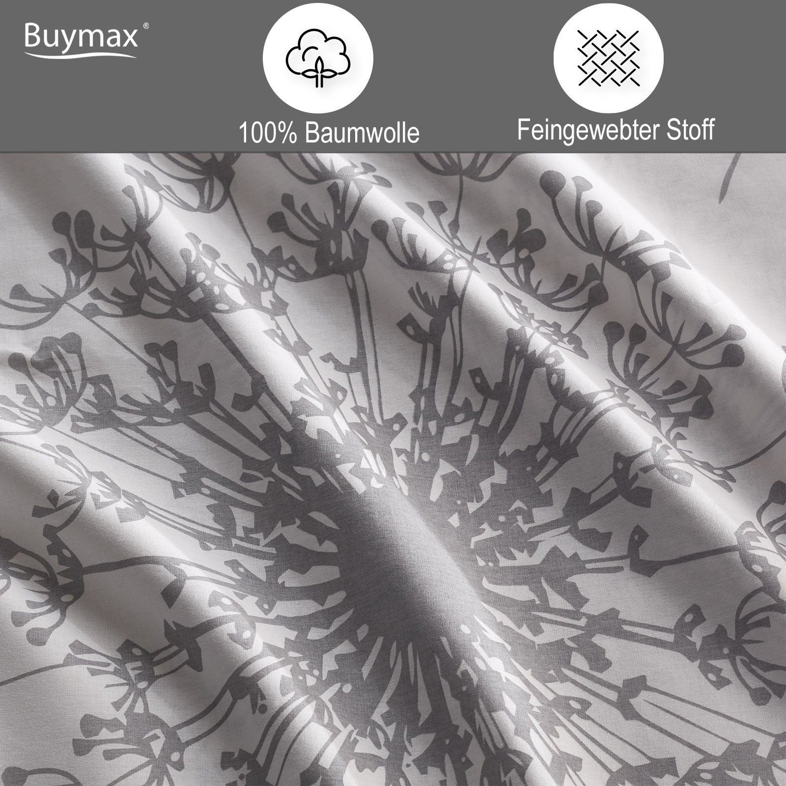 Bettwäsche, Buymax, Renforcé, 3 teilig, 100% Baumwolle Renforce Kissenbezug 80x80 cm mit Reißverschluss Blumen Blätter, Weiß Grau