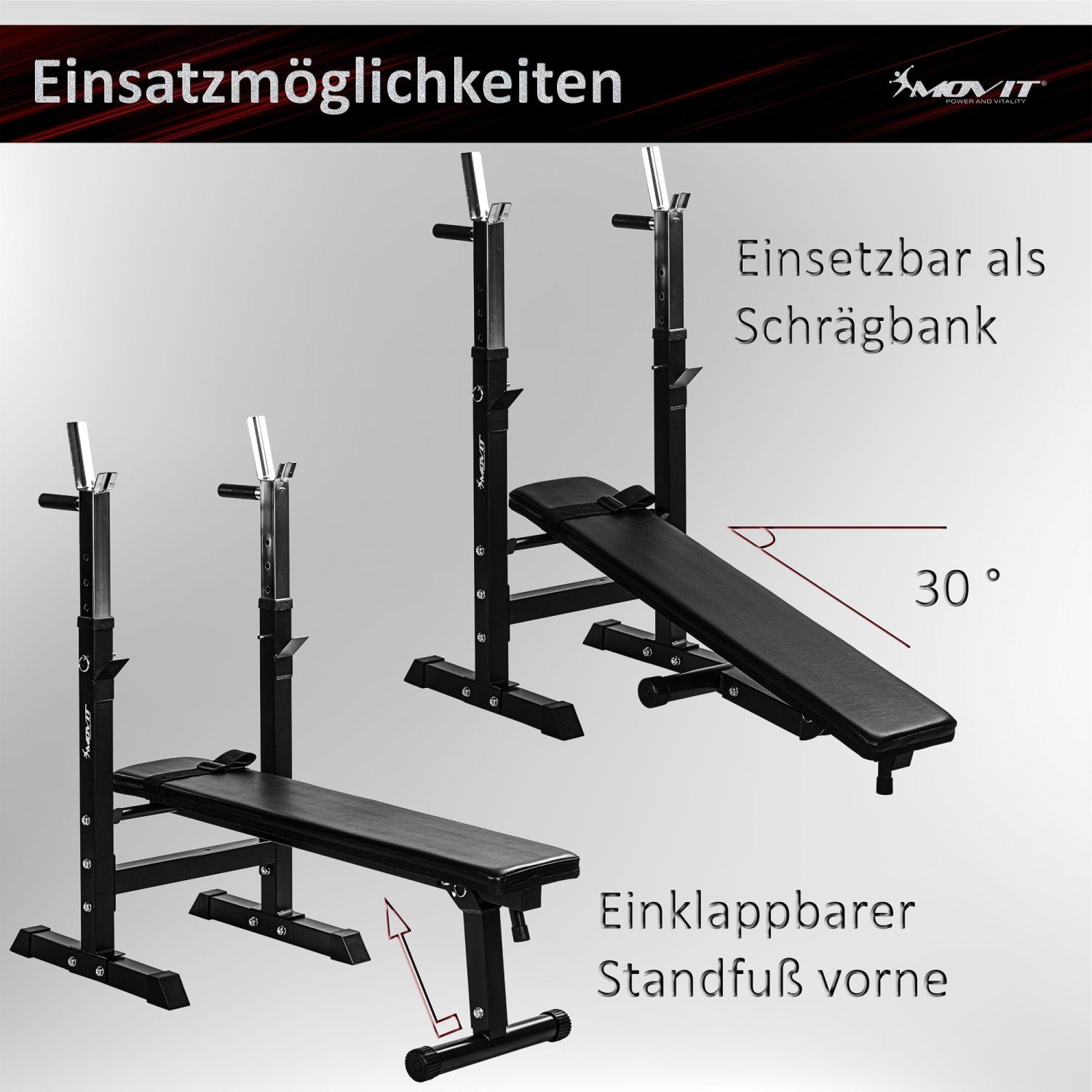 MOVIT Hantelbank Movit® Hantelbank, verstellbare Langhantelablage, (1-tlg), Dip-Station, faltbar, Heim-Trainingsgerät Home-Gym Kraftstation