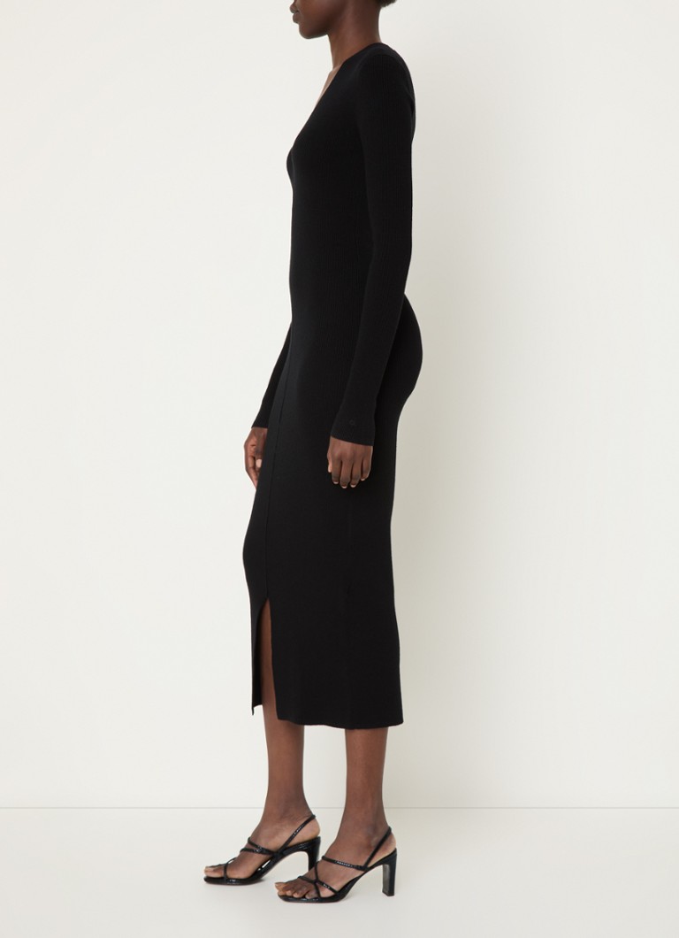 Abito midi a coste in maglia di Calvin Klein, misto lana, scollo a V
