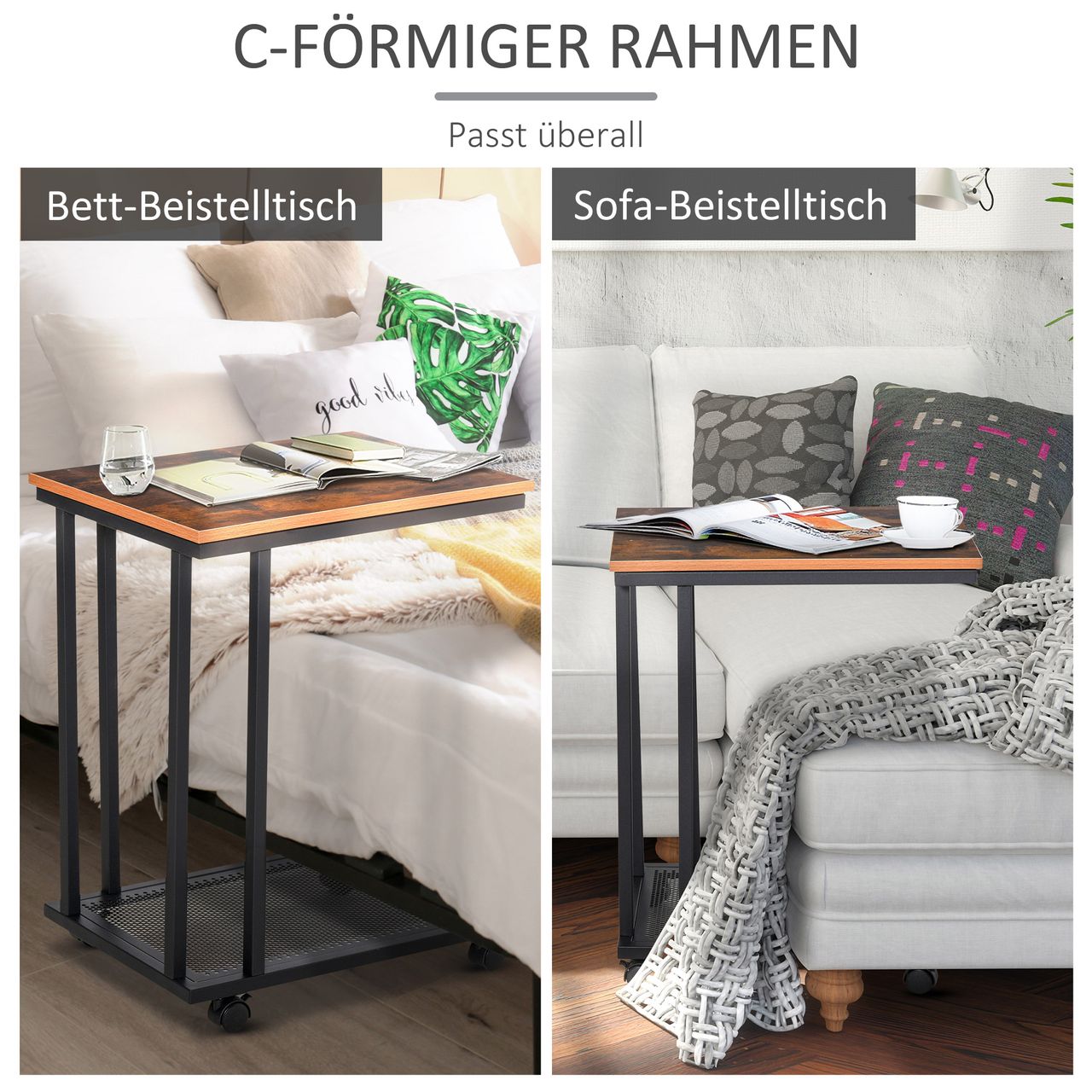 HOMCOM Beistelltisch C-Form rollbar Rollwagen Servierwagen Nebentisch Nachttisch Holz   Metall Schwarz   Walnuss gemasert 51 x 36 x 65 cm