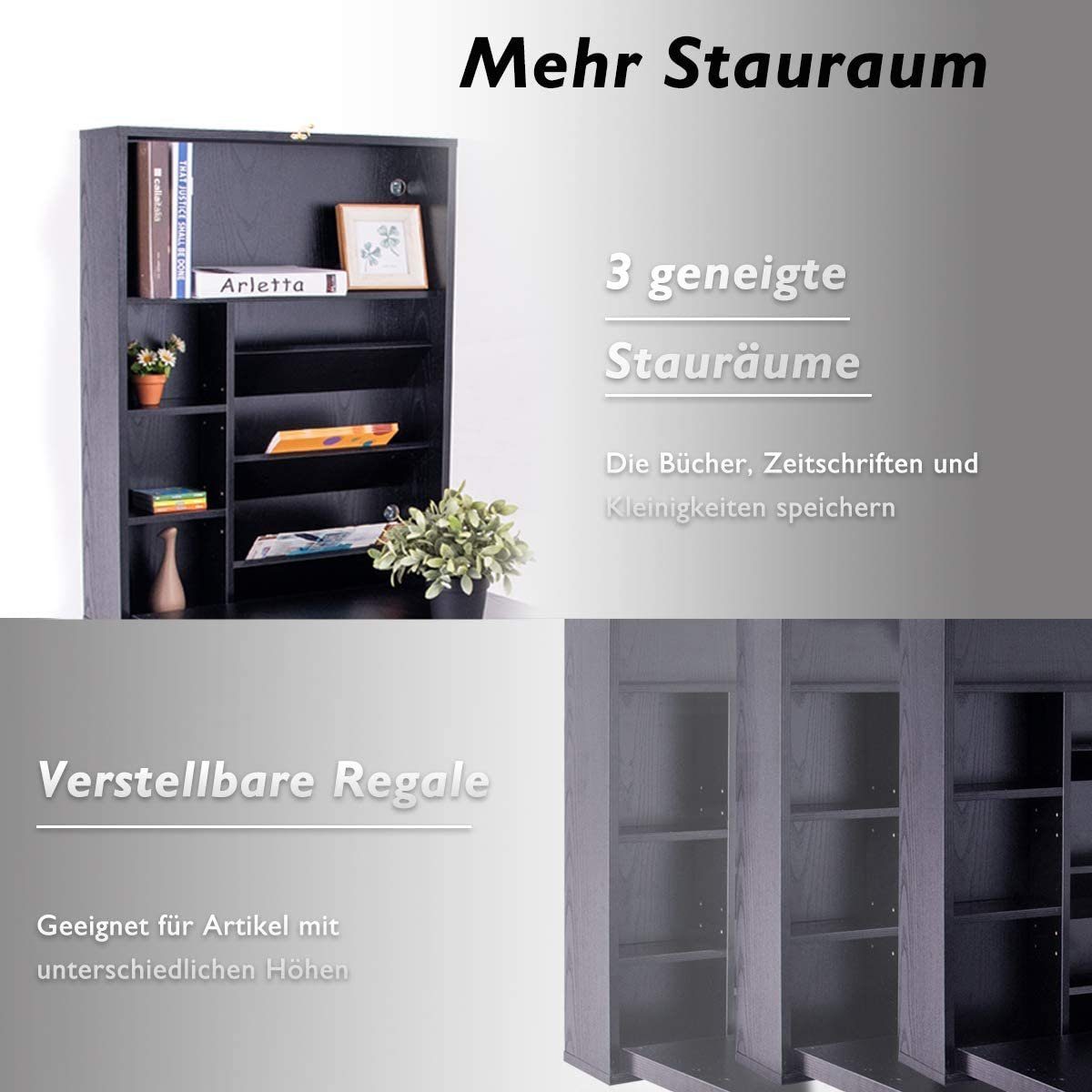 COSTWAY Bartisch, Wandklapptisch mit 2 höhenverstellbaren Regalen klappbar