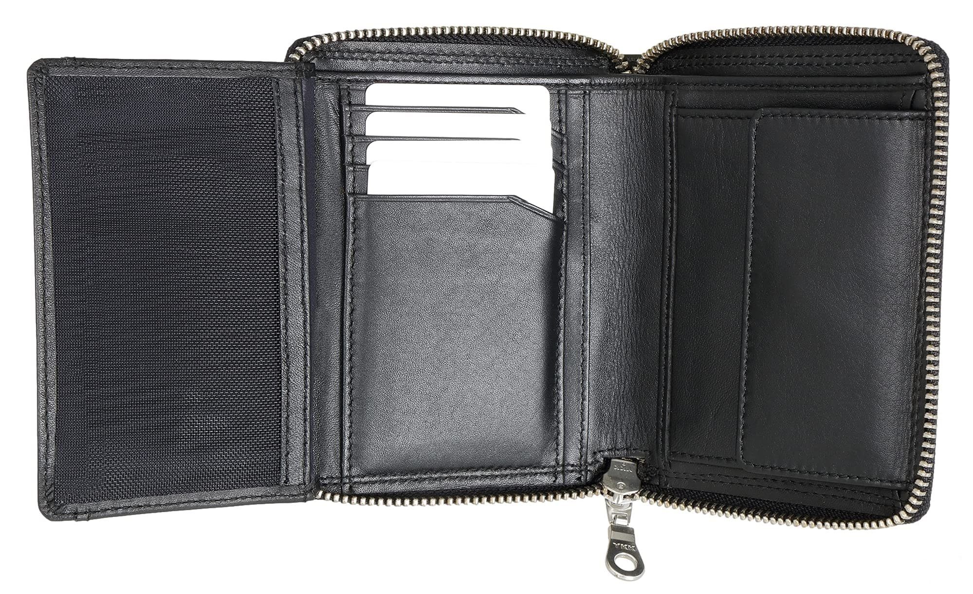 Brown Bear Geldbörse Classic 8009 umlaufender Reißverschluss Unisex Echtleder, 8 Kartenfächer Sichtfach RFID Schutz Farbe Schwarz Nappa