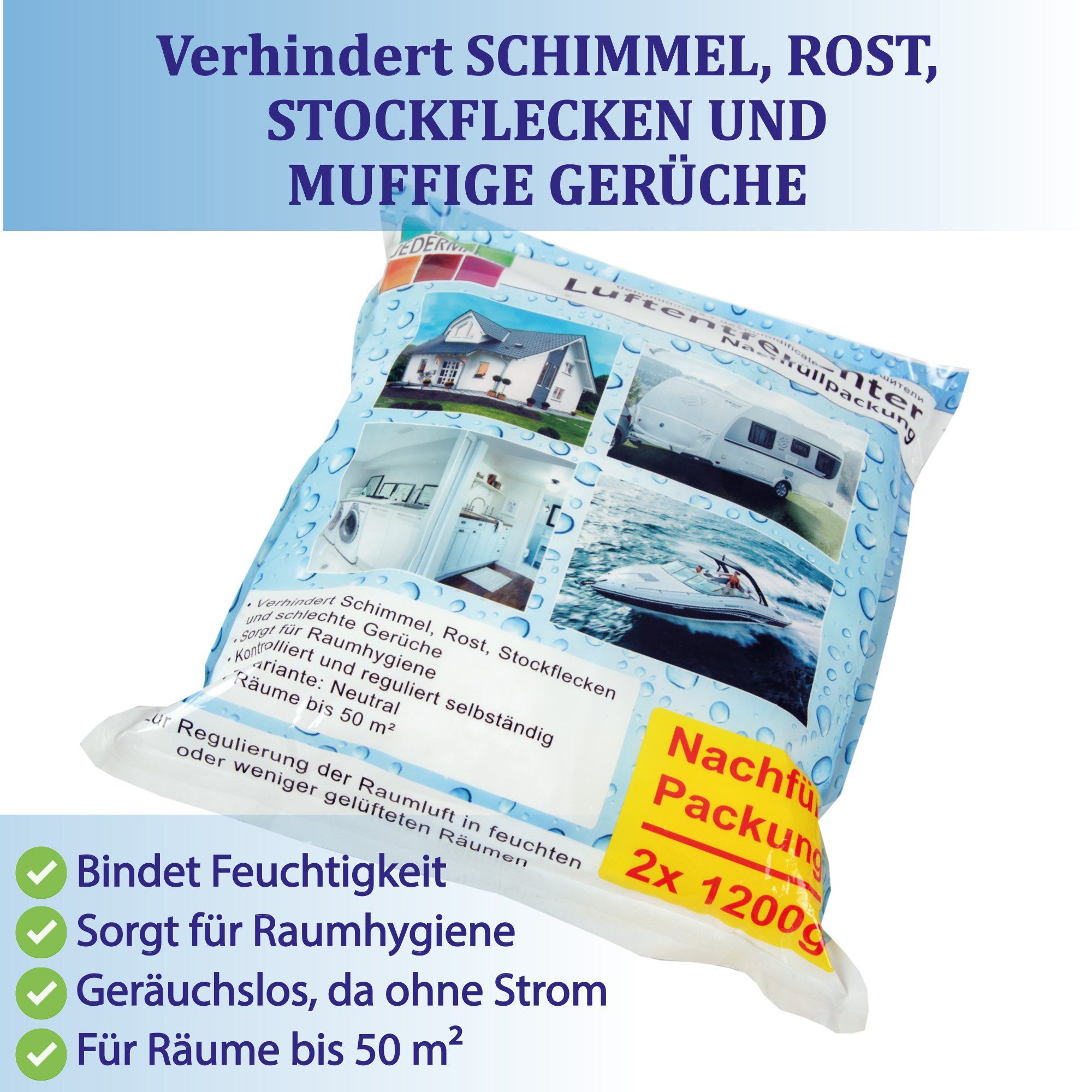 Bestlivings Luftreiniger LE-75322, für 50 m² Räume, Nachfüll Granulat-Luftentfeuchter-Box (2x 1200g), bis 50m² Raumgröße