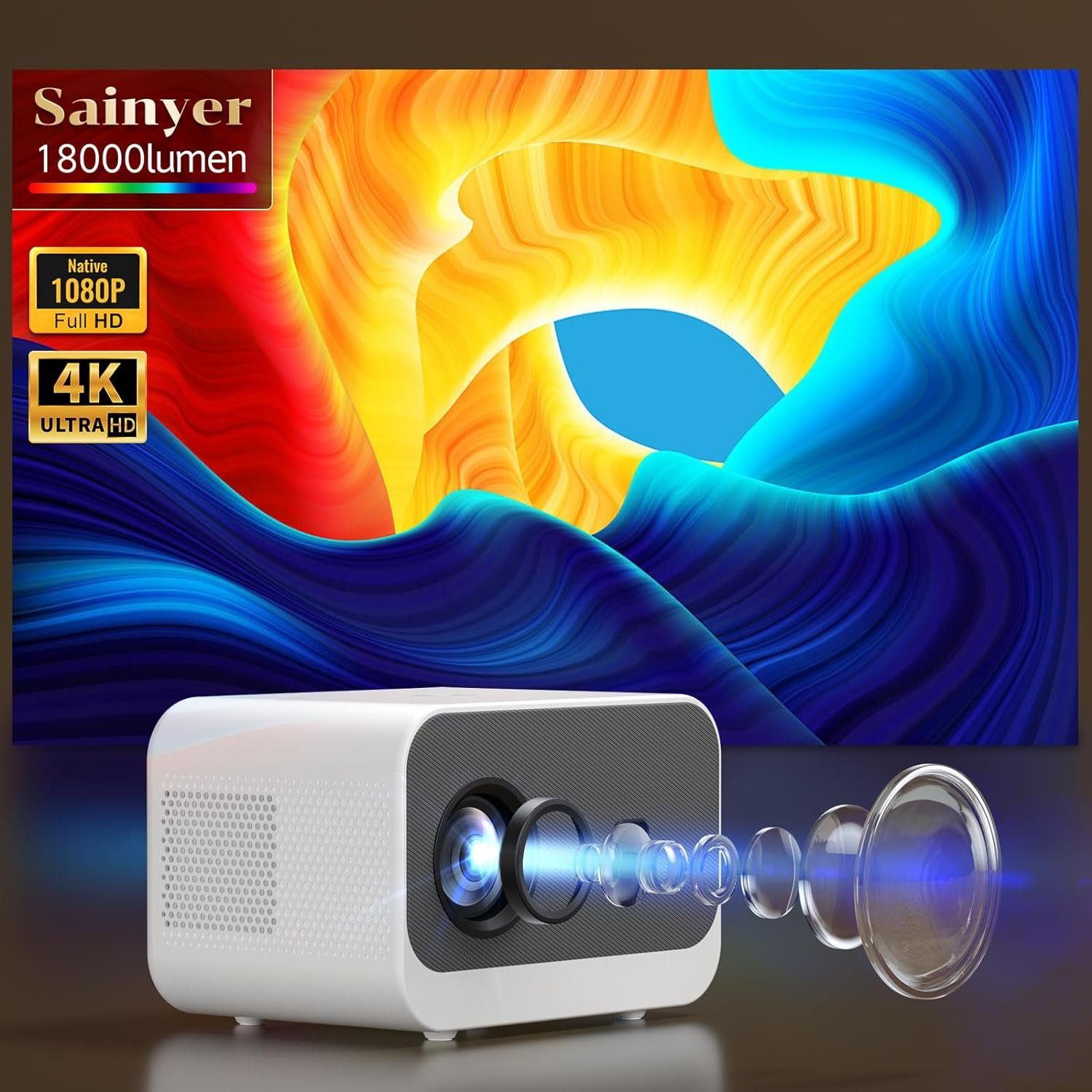 sainyer [Electric Fokus] 5G WiFi Mini Bluetooth 4K-Unterstützung Portabler Projektor (300 lm, ‎1920 x 1080 px, Video Projektor,300” Display, Outdoor Beamer für TV Stick/HDMI/USB)