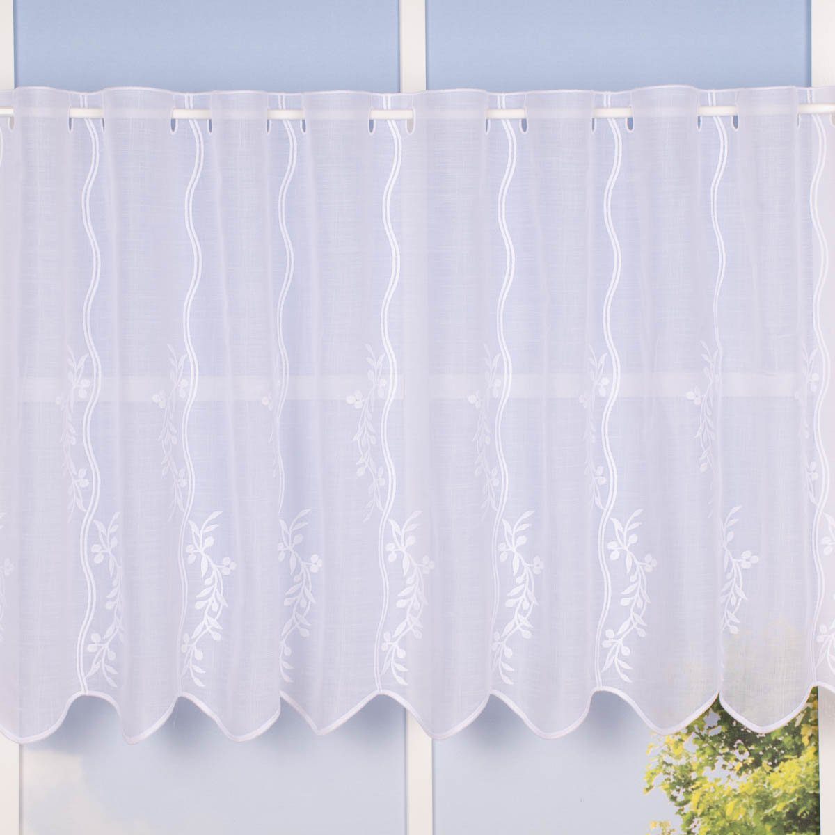 Meterware Scheibengardine Meterware Leinenstruktur Voile Stickerei Blumenranke n, SCHÖNER LEBEN., leicht perforiert, Polyester