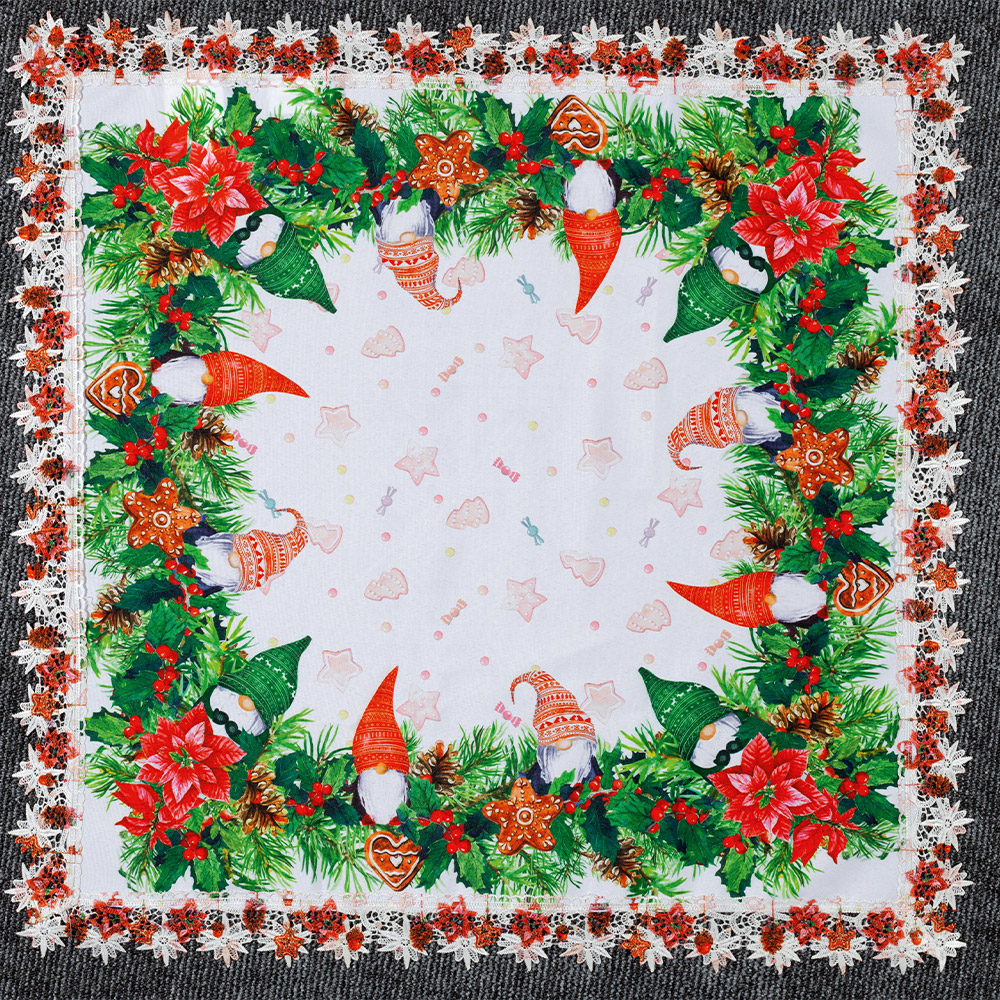 Bella Casa Mitteldecke mit Spitze, ca. 80 x 80 cm - Wichtel/Weihnachtssterne