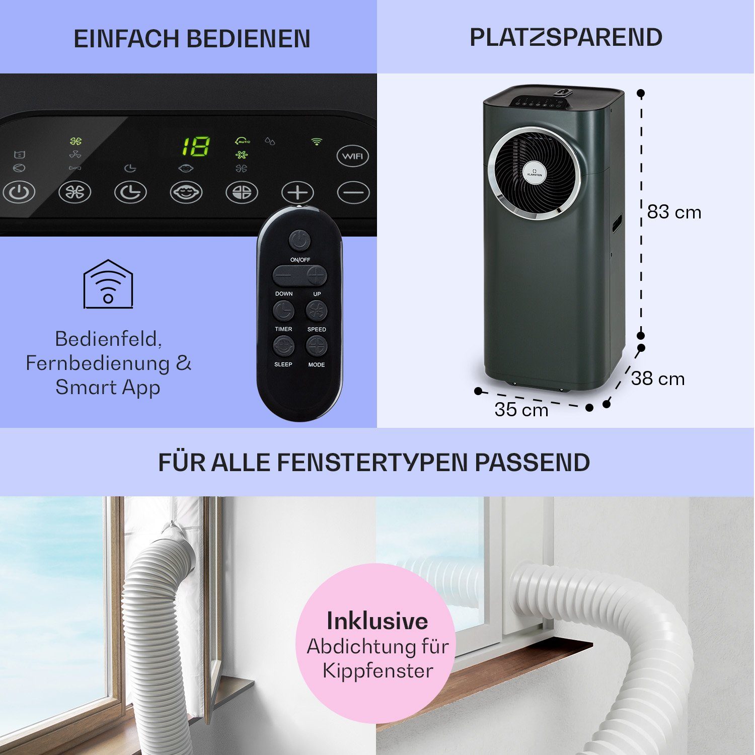 Klarstein Klimagerät Kraftwerk Eco Smart 11, Klimagerät mobil klimaanlage Air Conditioner Kühlgerät Luftkühler