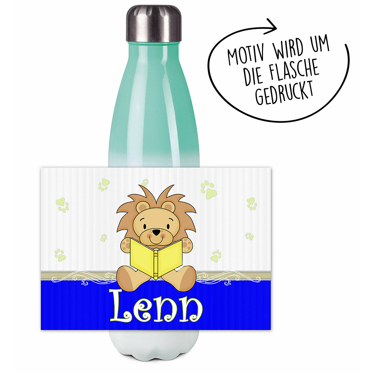 Edelstahl Kinder Thermoflasche / Trinkflasche bunt Leselöwe Farbe blau Spülmaschinenfest, Auslaufsicher, Bruchfest, Doppelwandig, Für Heißgetränke geeignet, Mit Deckel, Isoliert