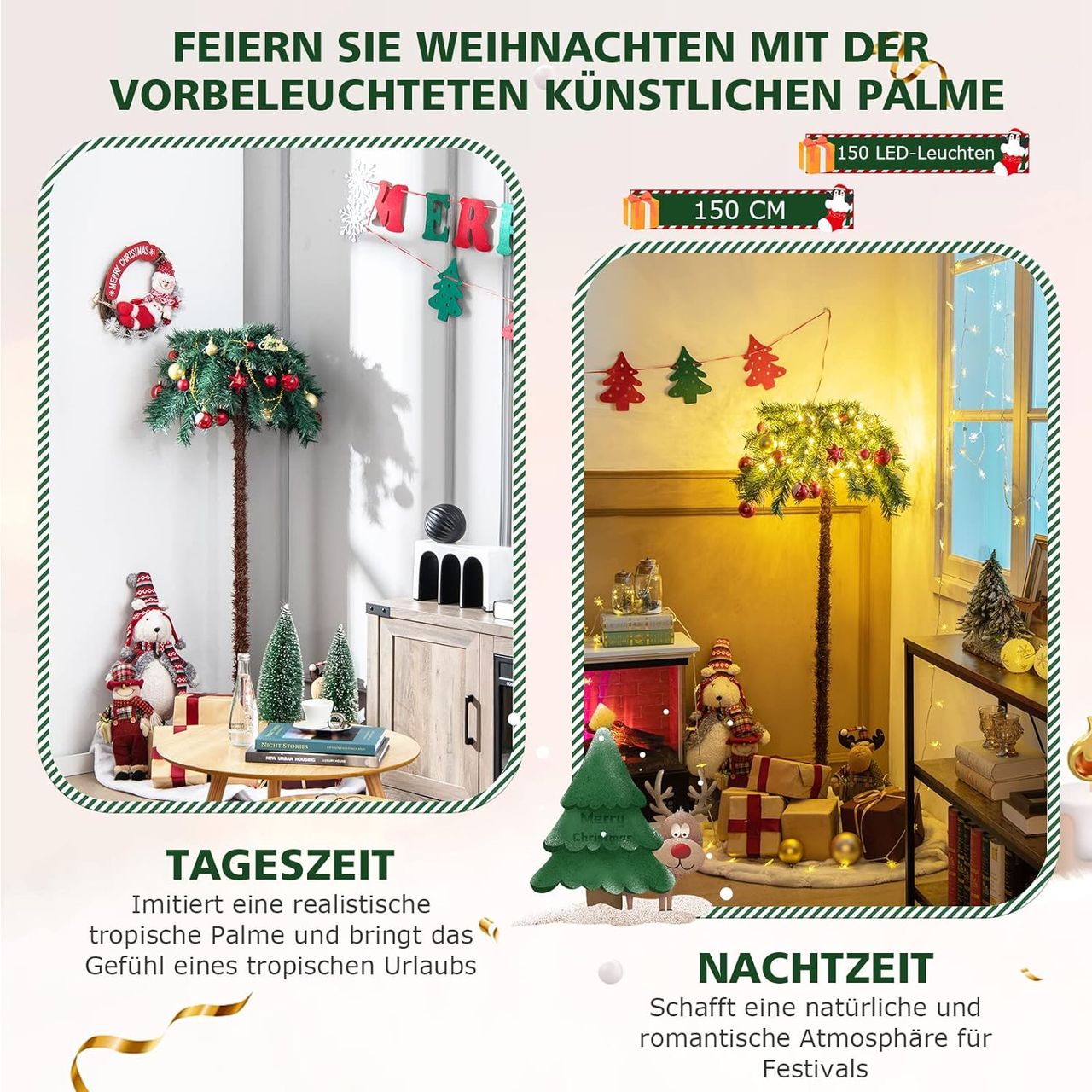 Costway 150 cm Künstliche Palme beleuchtet, Kunstbaum mit 150 LED-Lichtern in Warmweiß