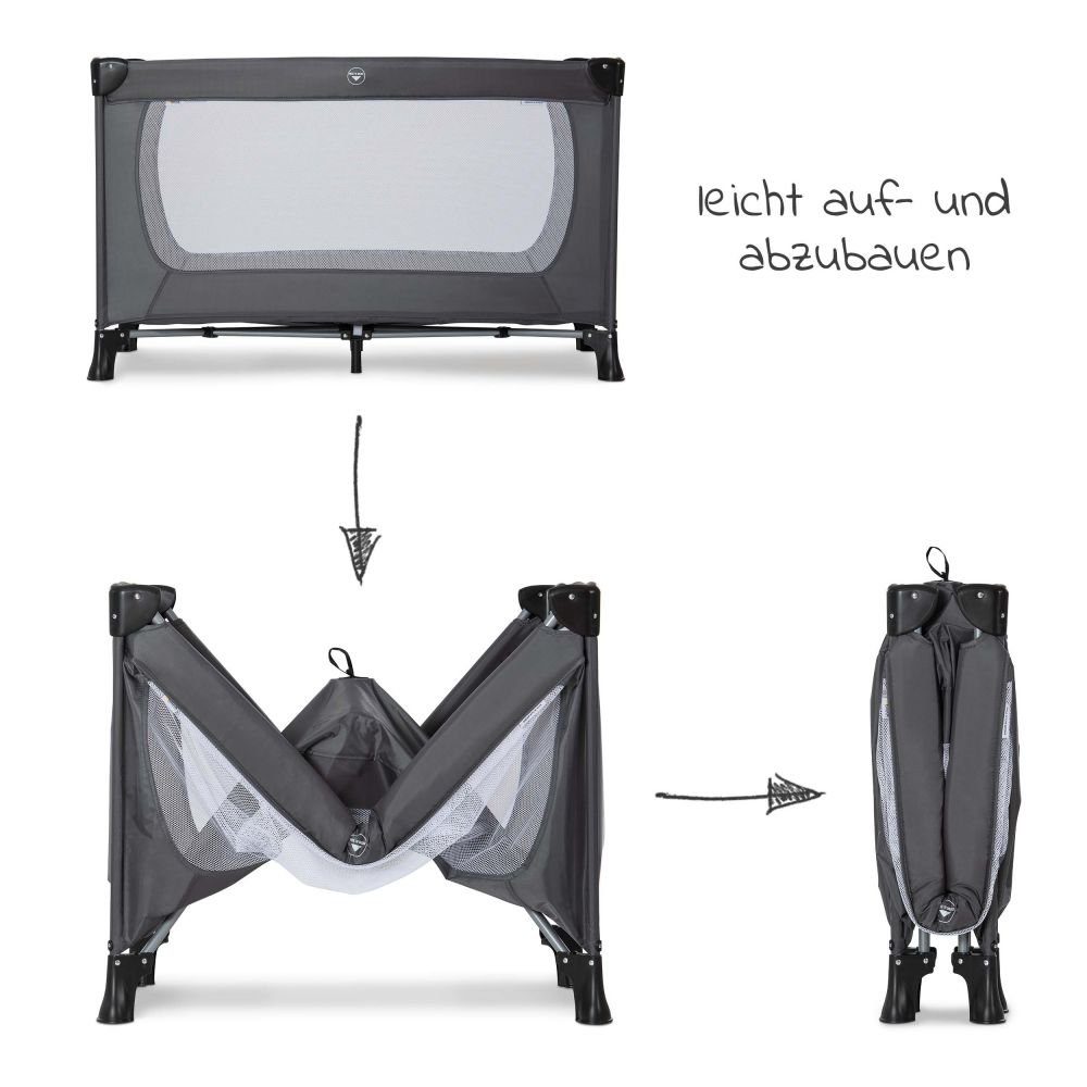 Hauck Baby-Reisebett Dream'n Play Plus - Grey, 3-tlg., Kinderreisebett mit Reisebett Matratze, Moskitonetz Tasche & Einstieg