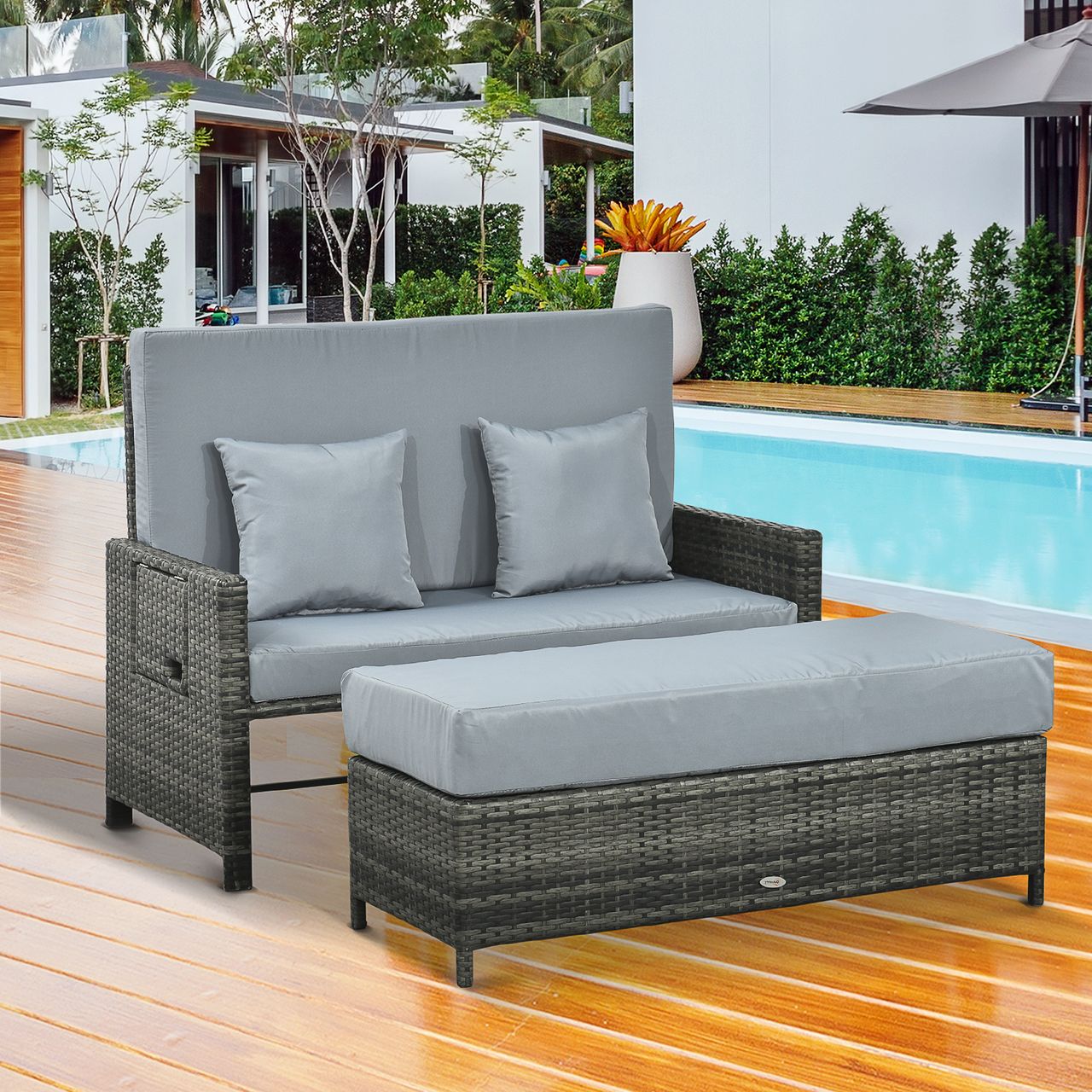 Outsunny Polyrattan Lounge-Sofa Gartensofa 2-Sitzer mit Kissen Grau