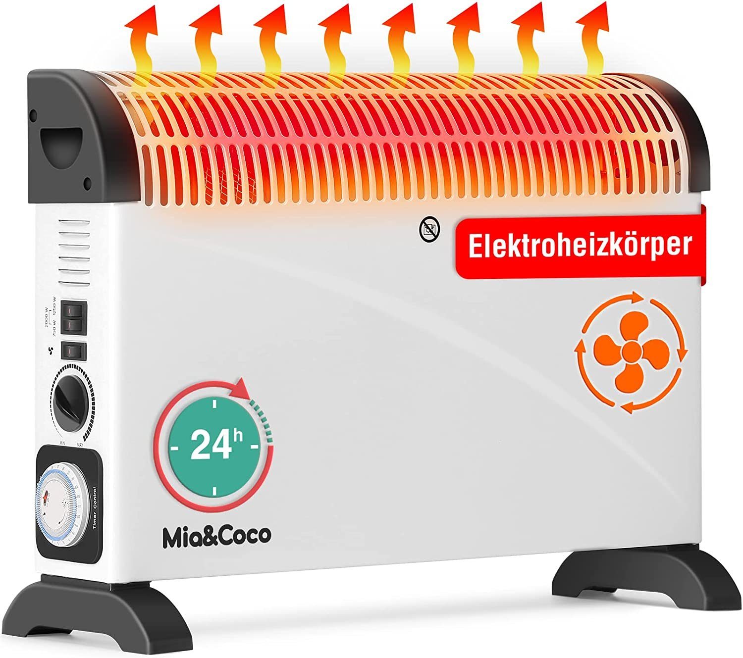 Mia&Coco Heizkörper Heizung Elektro Elektroheizung 2KW Konvektor, 24H Timer,3 Stufen