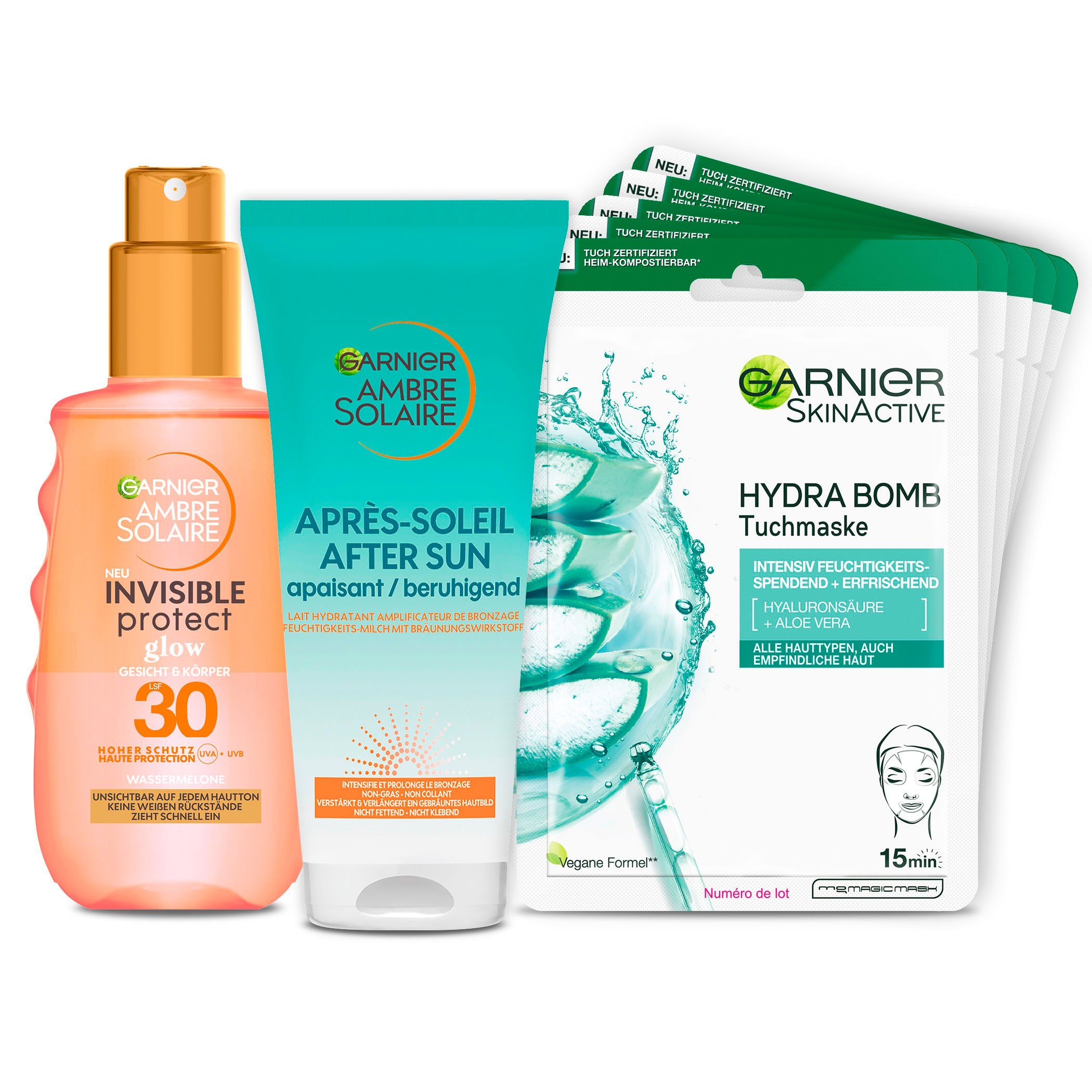 GARNIER Pflege-Set Garnier Coffret Young Summer Beauty Set, 3-tlg., Sonnenschutz-Spray, After Sun Feuchtigkeitscreme, Tuchmaske
