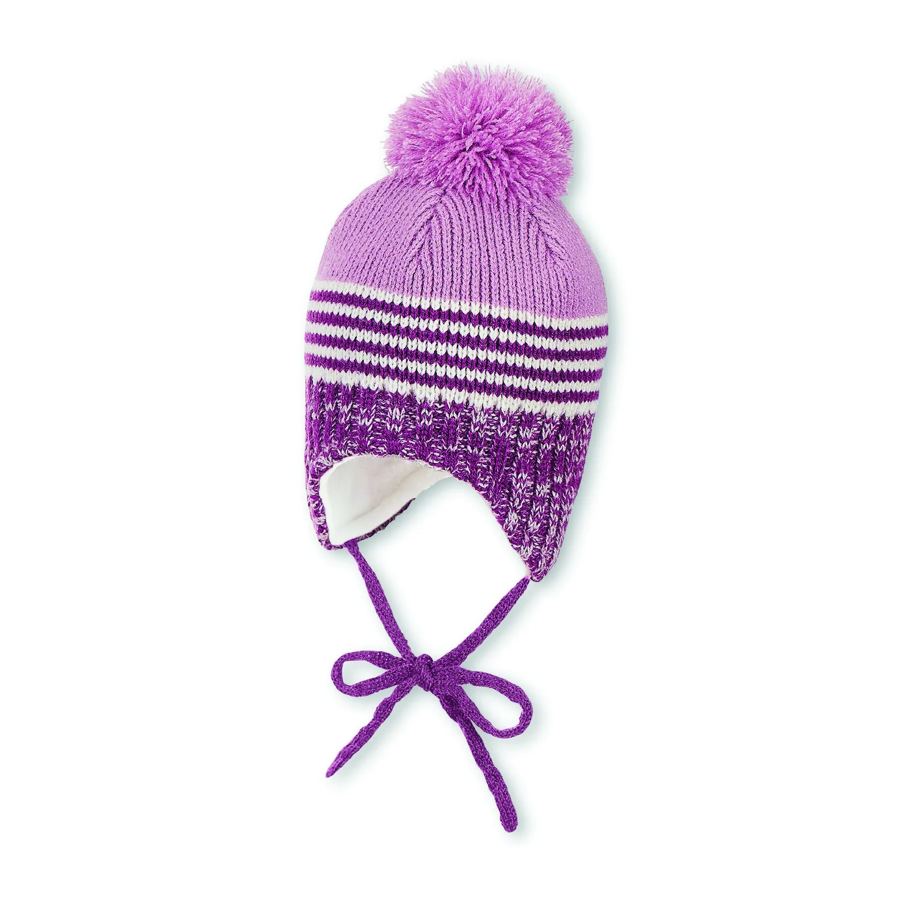 Strickmütze im Mustermix mit Bommel und Bindeband