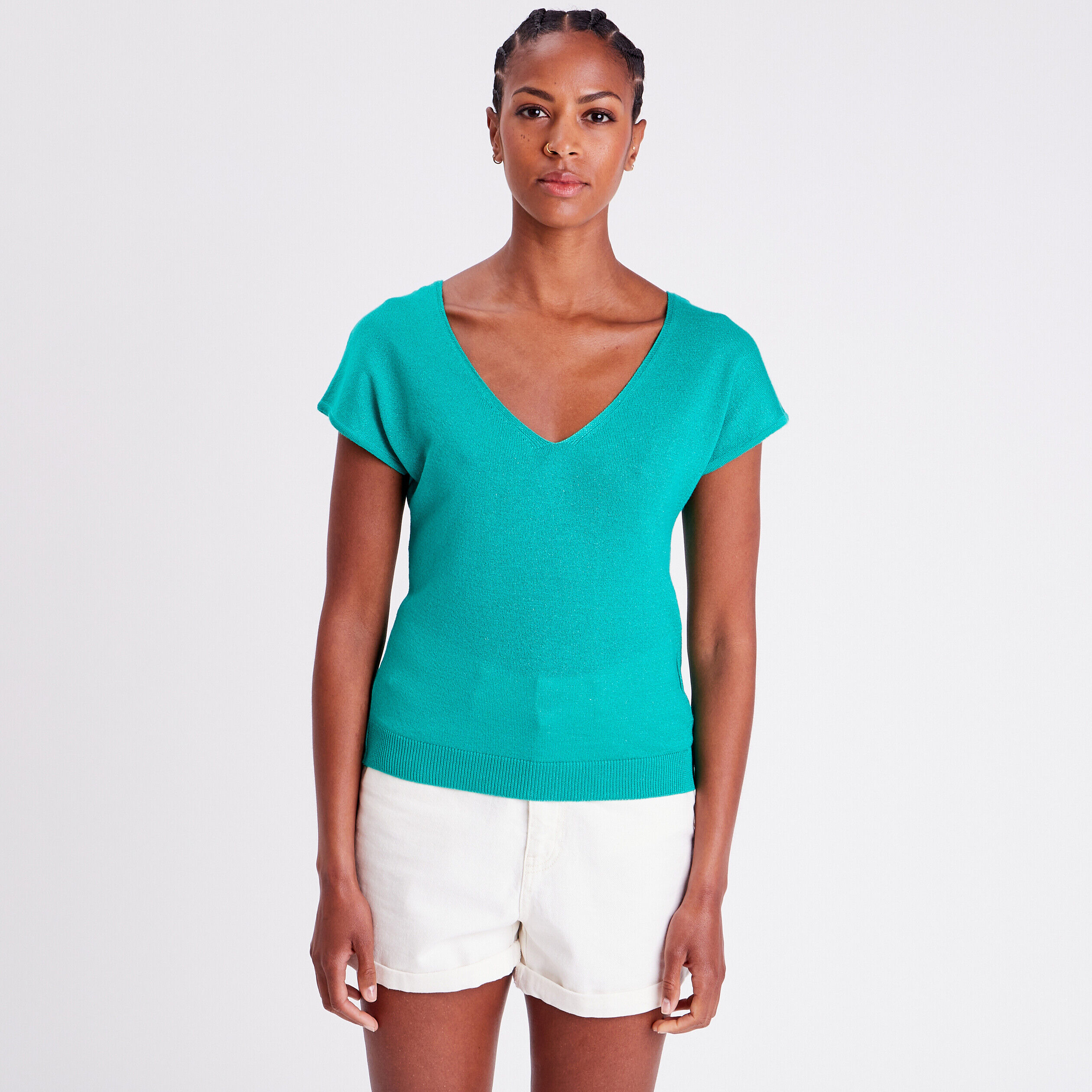 Pull col en V dos ouvert vert femme | Cache Cache
