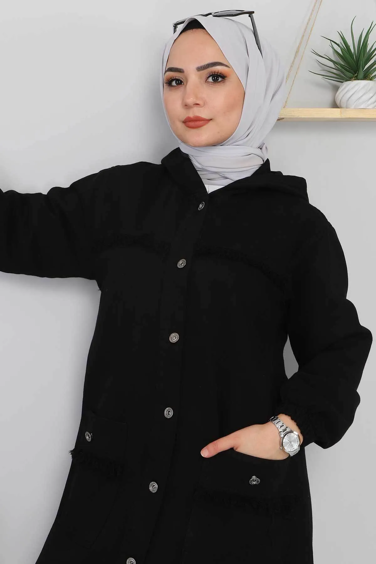 Tesettür Dünyası  Lange Denim-Kappe mit Quasten Tsd5527 Schwarz