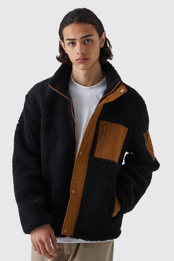 Jacke aus Borg & Nylon mit Trichterkragen