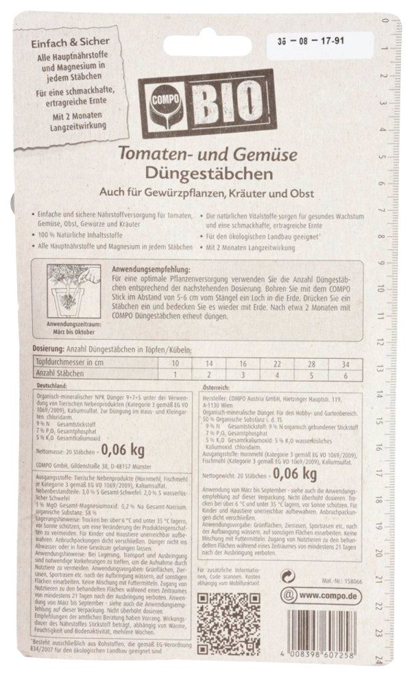 Compo Gemüsedünger COMPO BIO, Tomaten- und Gemüse Düngestäbchen, 20 Stück