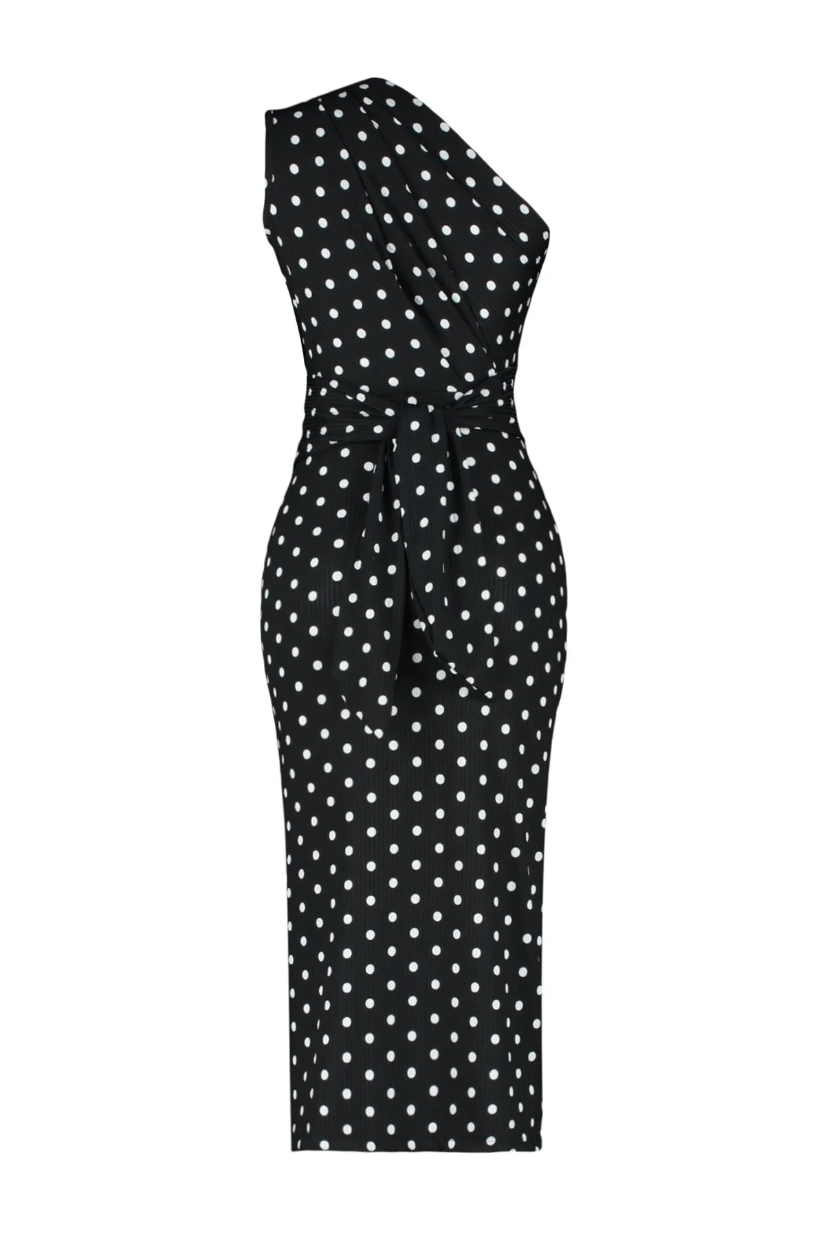 Trendyol Collection  Schwarzes, bedrucktes, tailliertes/tailliertes One-Shoulder-Bleistiftkleid aus Strick mit asymmetrischem Raffdetail TWOSS23EL02182
